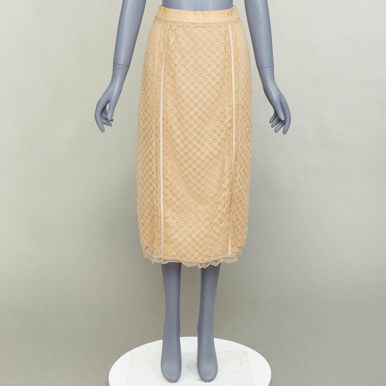 Gucci GUCCI 2022 Runway Aria beige nude GG mesh lace lingerie midi skirt S Size 27" / US 4 / IT 40 - 9 Thumbnail