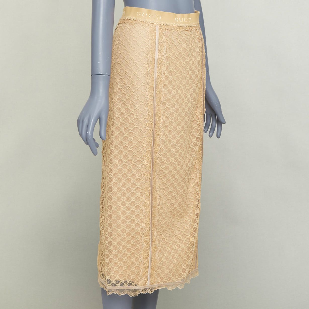 Gucci GUCCI 2022 Runway Aria beige nude GG mesh lace lingerie midi skirt S Size 27" / US 4 / IT 40 - 3 Thumbnail