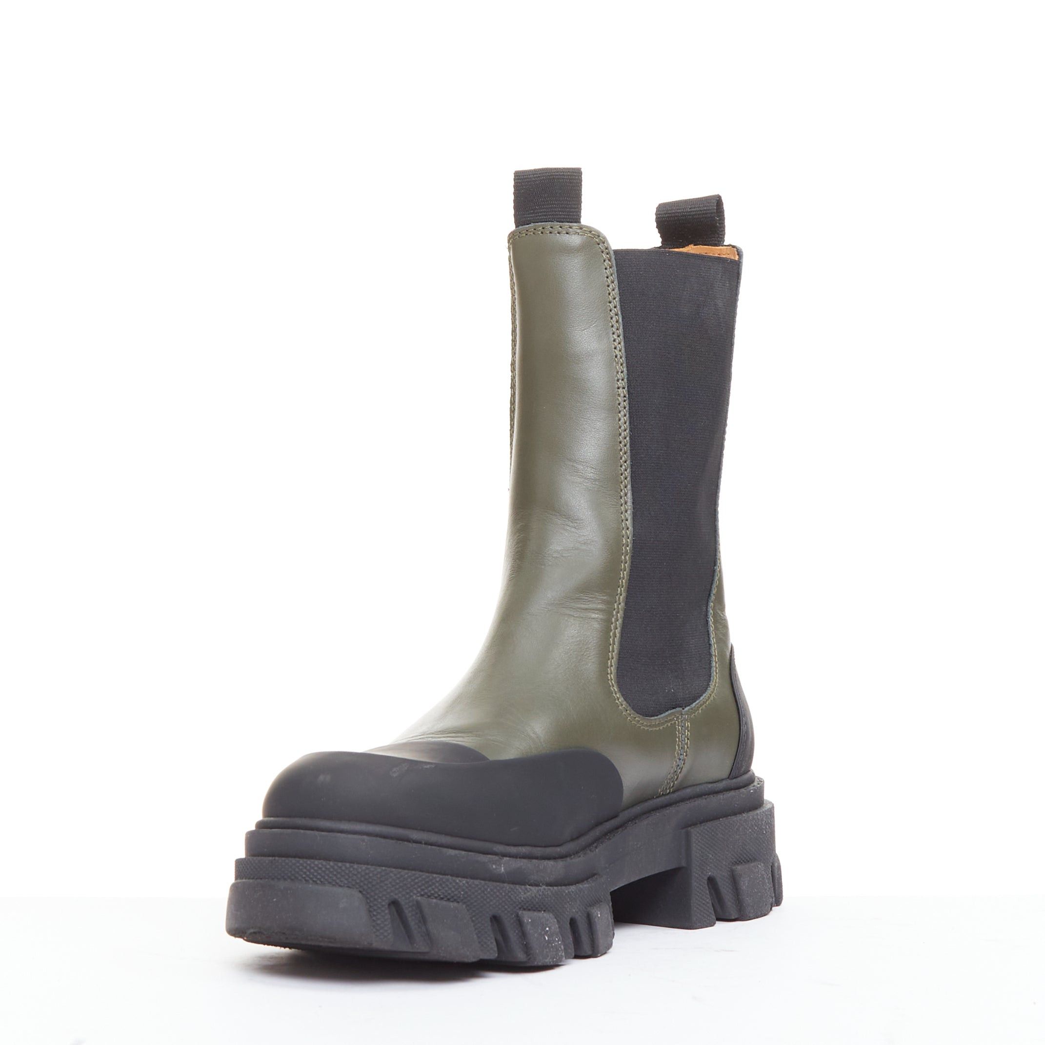 Ganni GANNI Kalamata army green leather black rubber elastic gusset tall chelsea boots EU39 Size US 9 / IT 39 - 4 Thumbnail