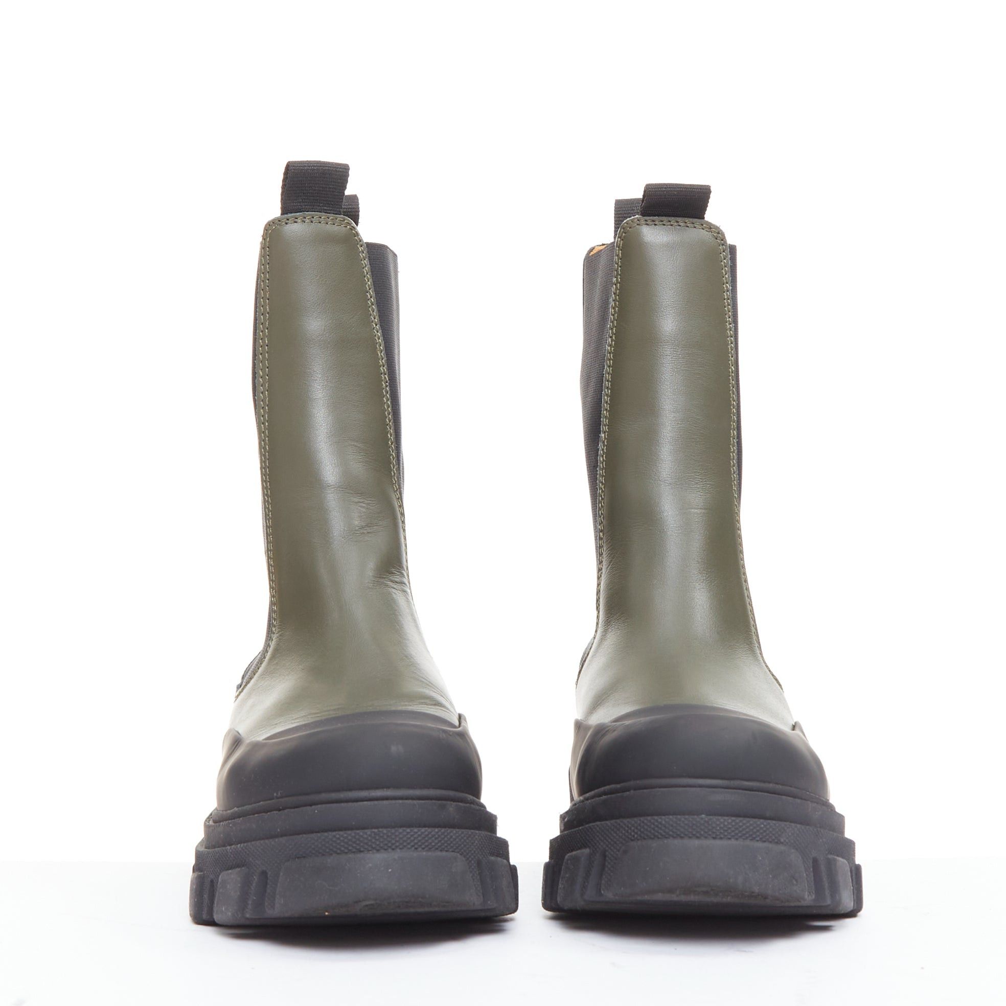 Ganni GANNI Kalamata army green leather black rubber elastic gusset tall chelsea boots EU39 Size US 9 / IT 39 - 3 Thumbnail