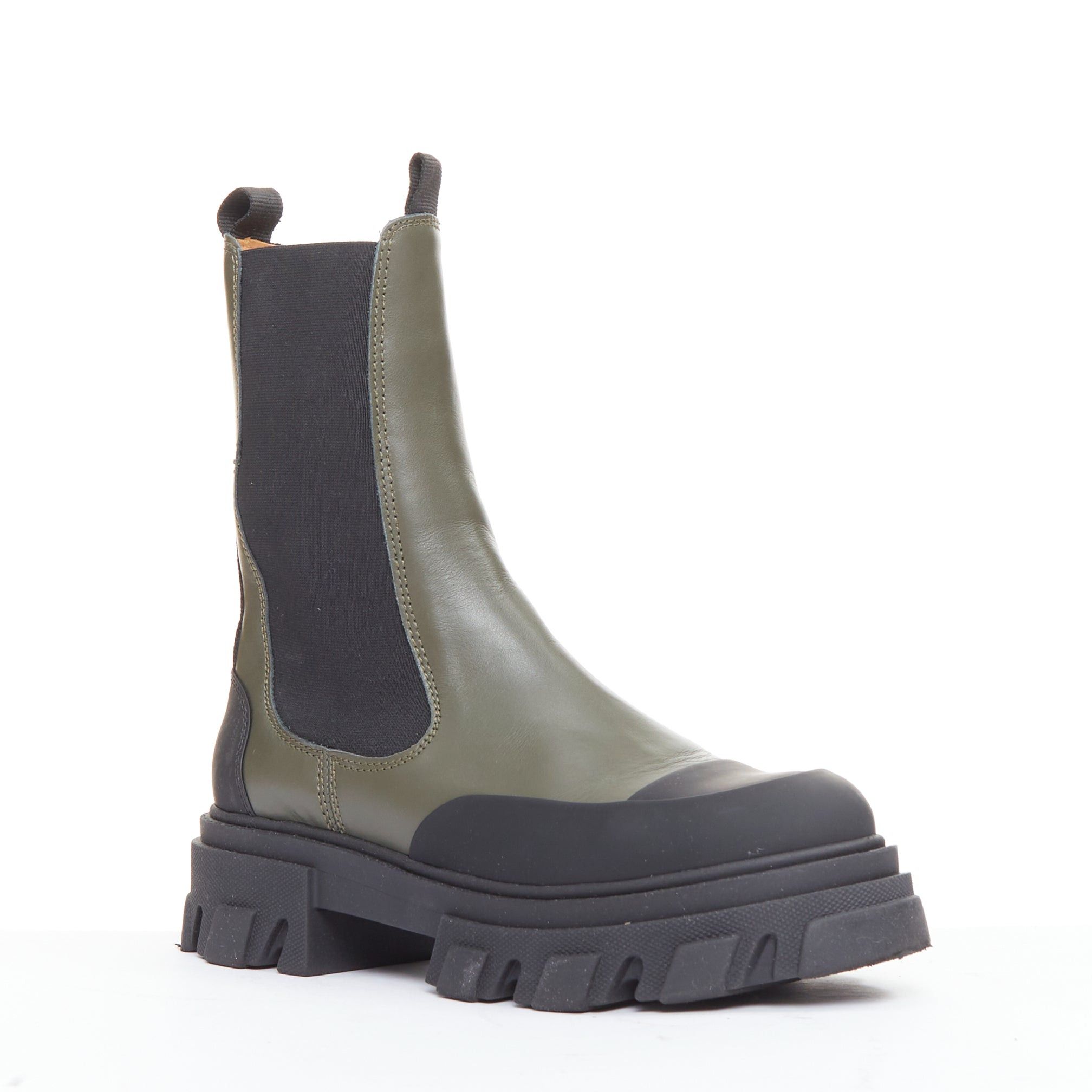 Ganni GANNI Kalamata army green leather black rubber elastic gusset tall chelsea boots EU39 Size US 9 / IT 39 - 2 Thumbnail