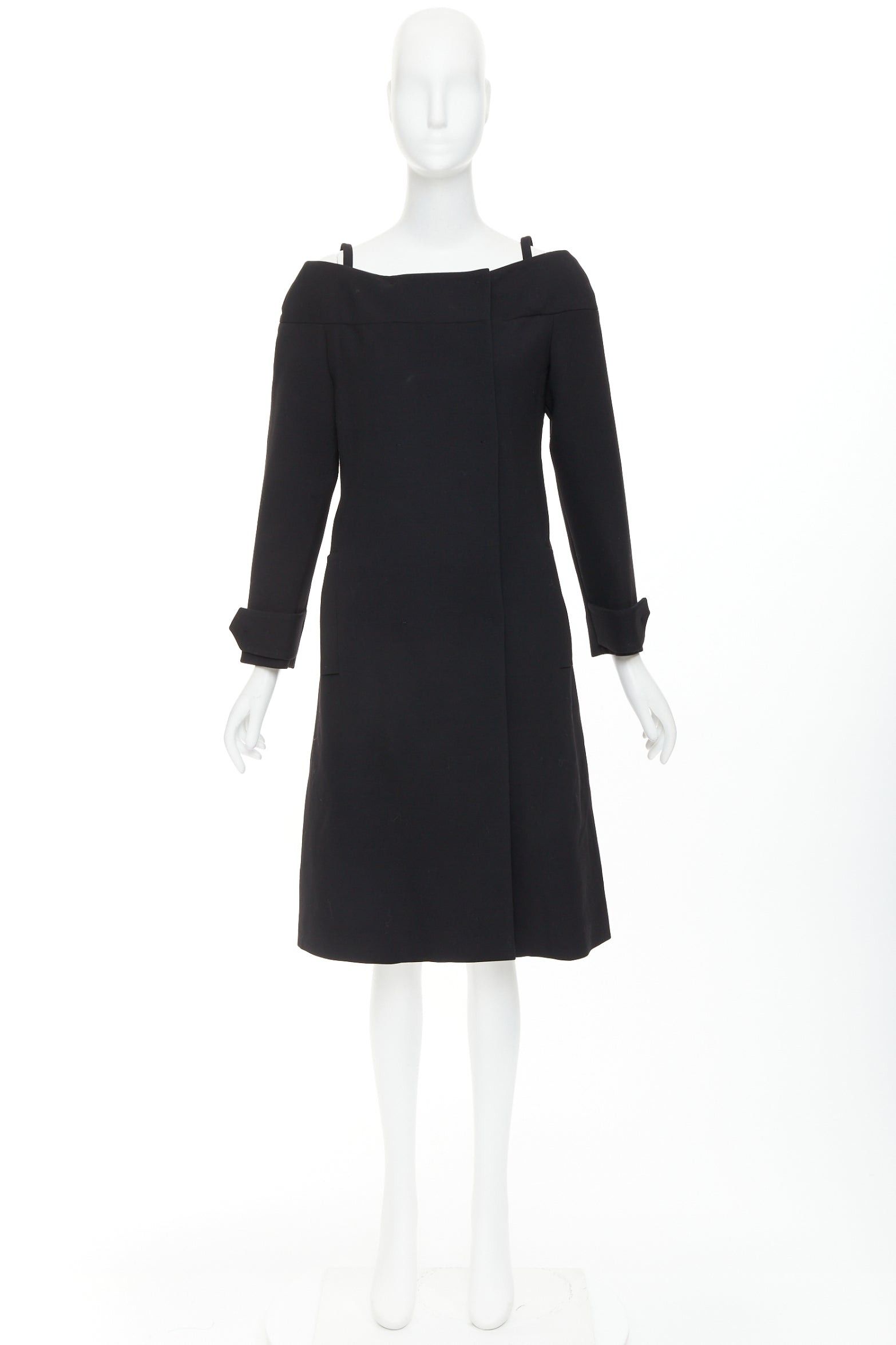 Prada PRADA 2017 black virgin wool off shoulder minimalist coat dress IT40 S Size S / US 4 / IT 40 - 9 Thumbnail
