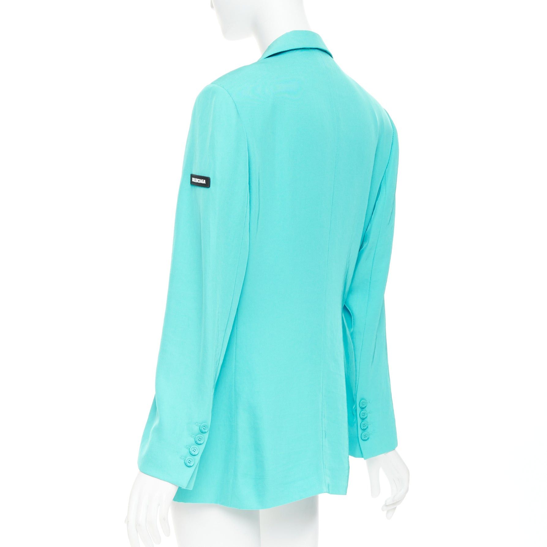 Balenciaga BALENCIAGA 2022 bright turquoise creased twill rubber logo oversized blazer jacket FR34 XS Size XS / US 0-2 / IT 36-38 - 7 Thumbnail