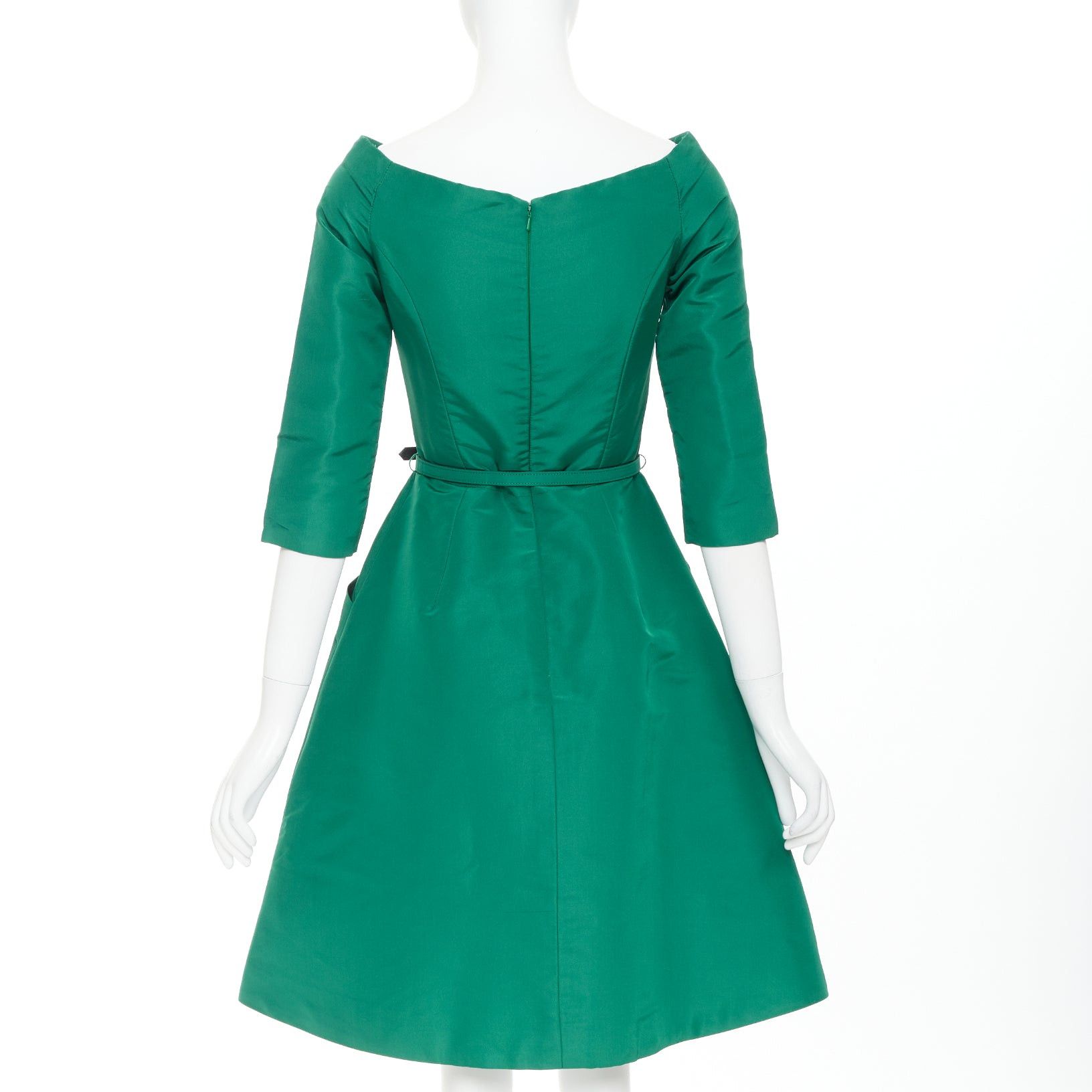 Oscar De La Renta OSCAR DE LA RENTA F17 kelly green silk taffeta bateau neck belted fit flare dress US0 XS Size XS / US 0-2 / IT 36-38 - 5 Thumbnail