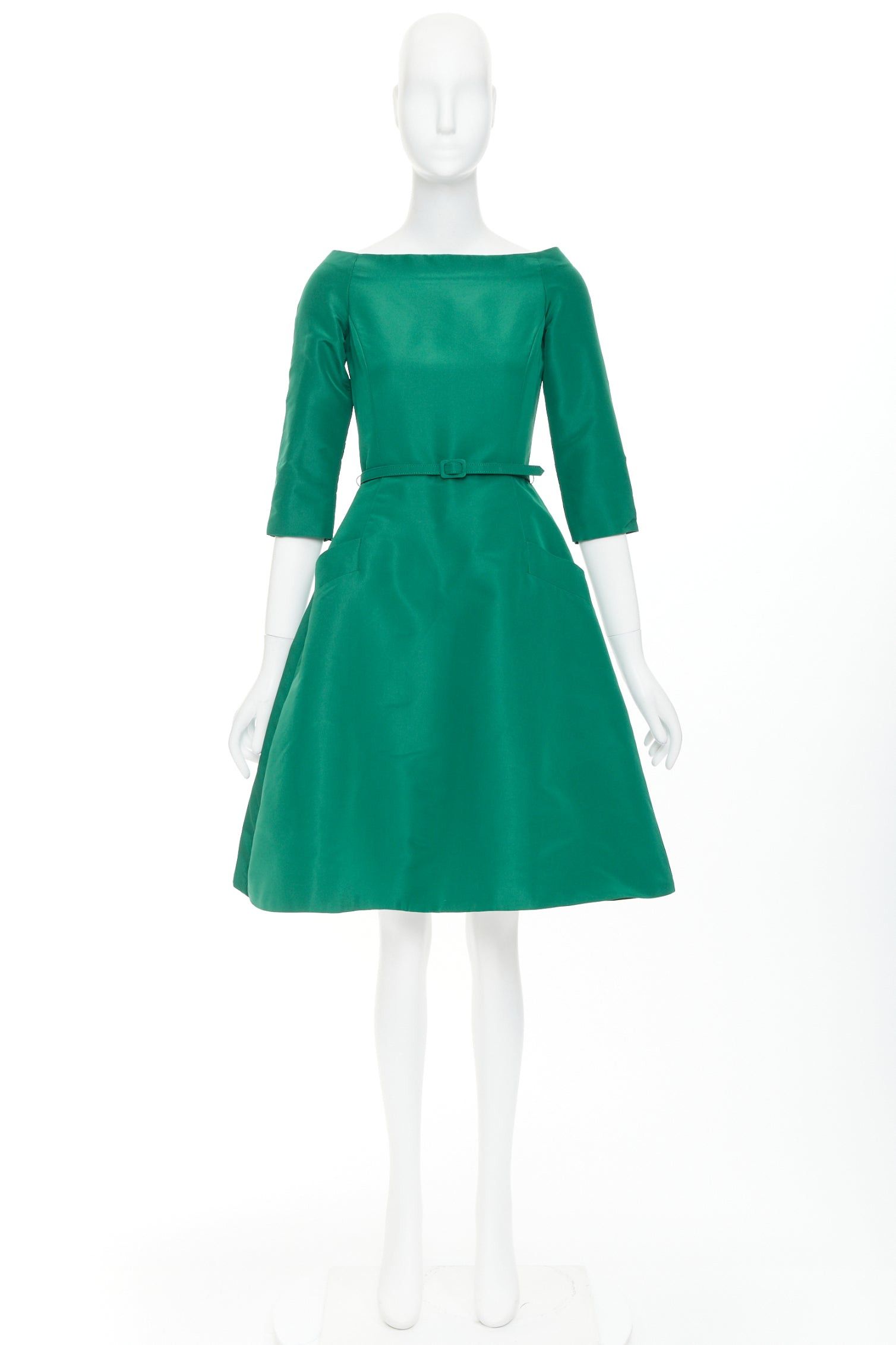 Oscar De La Renta OSCAR DE LA RENTA F17 kelly green silk taffeta bateau neck belted fit flare dress US0 XS Size XS / US 0-2 / IT 36-38 - 9 Thumbnail
