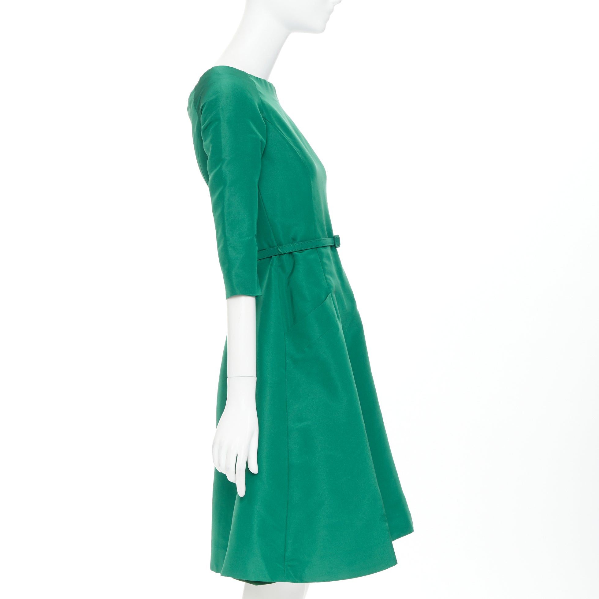 Oscar De La Renta OSCAR DE LA RENTA F17 kelly green silk taffeta bateau neck belted fit flare dress US0 XS Size XS / US 0-2 / IT 36-38 - 4 Thumbnail