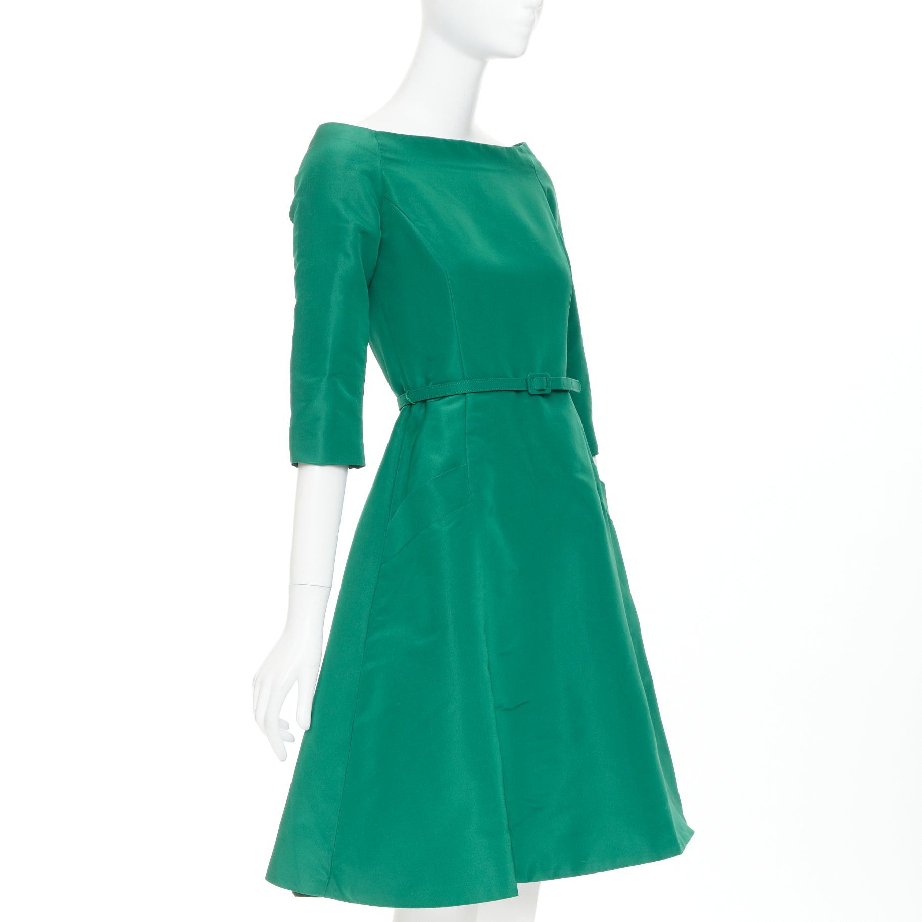 Oscar De La Renta OSCAR DE LA RENTA F17 kelly green silk taffeta bateau neck belted fit flare dress US0 XS Size XS / US 0-2 / IT 36-38 - 3 Thumbnail