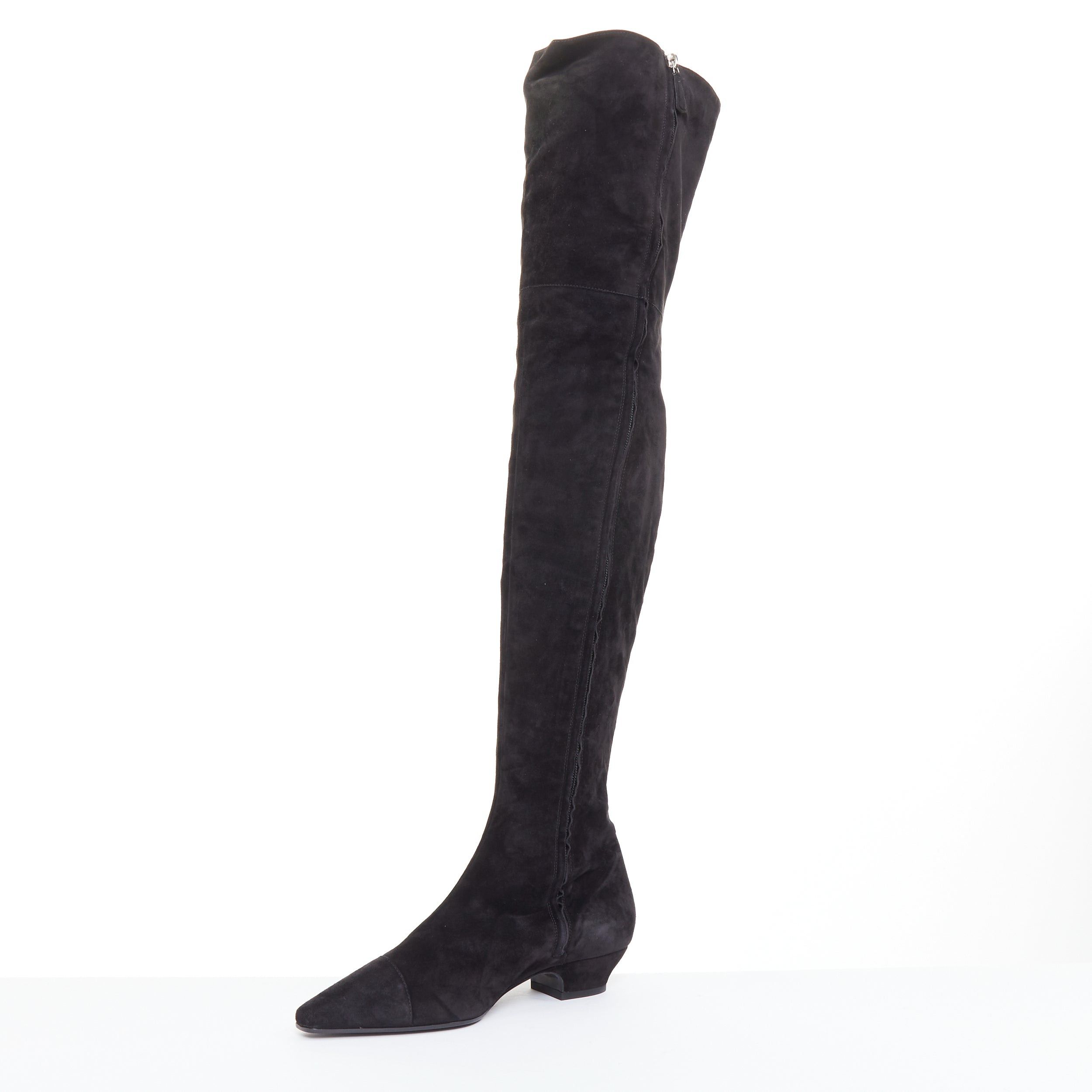 Chanel CHANEL 2018 Runway Forest Fairies black suede pointed square toe over knee boots EU38 Size US 8 / IT 38 - 4 Thumbnail