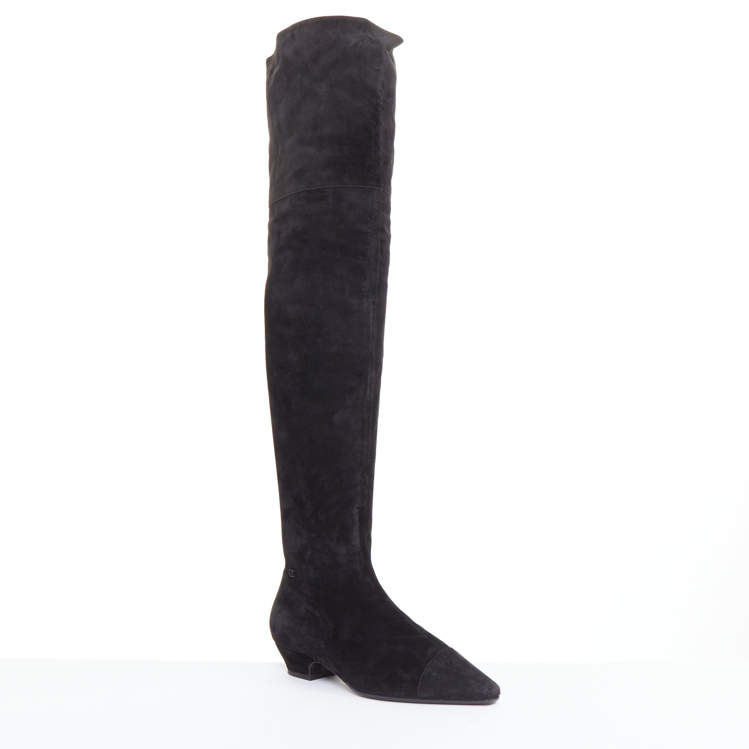 Chanel CHANEL 2018 Runway Forest Fairies black suede pointed square toe over knee boots EU38 Size US 8 / IT 38 - 2 Thumbnail