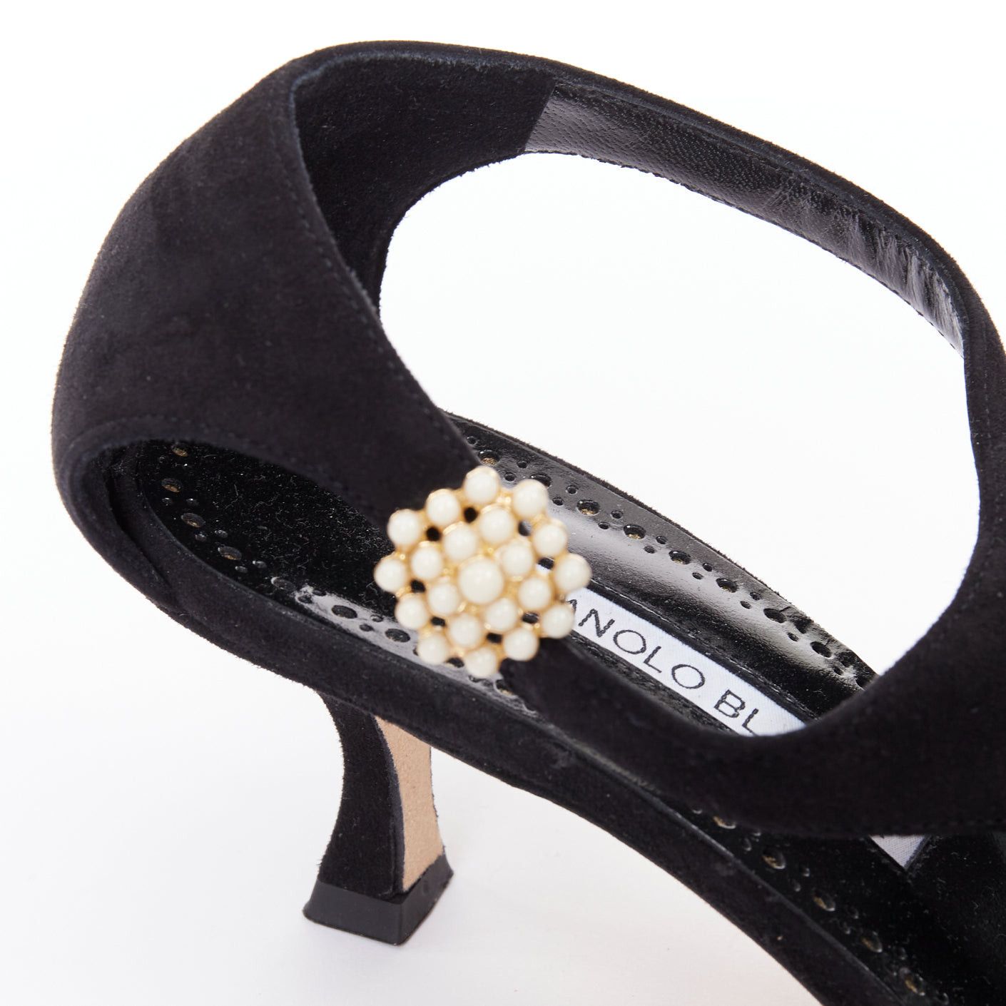 Manolo Blahnik MANOLO BLAHNIK Shufta 50 black suede pearl button kitten heels EU37 Size US 7 / IT 37 - 2 Thumbnail