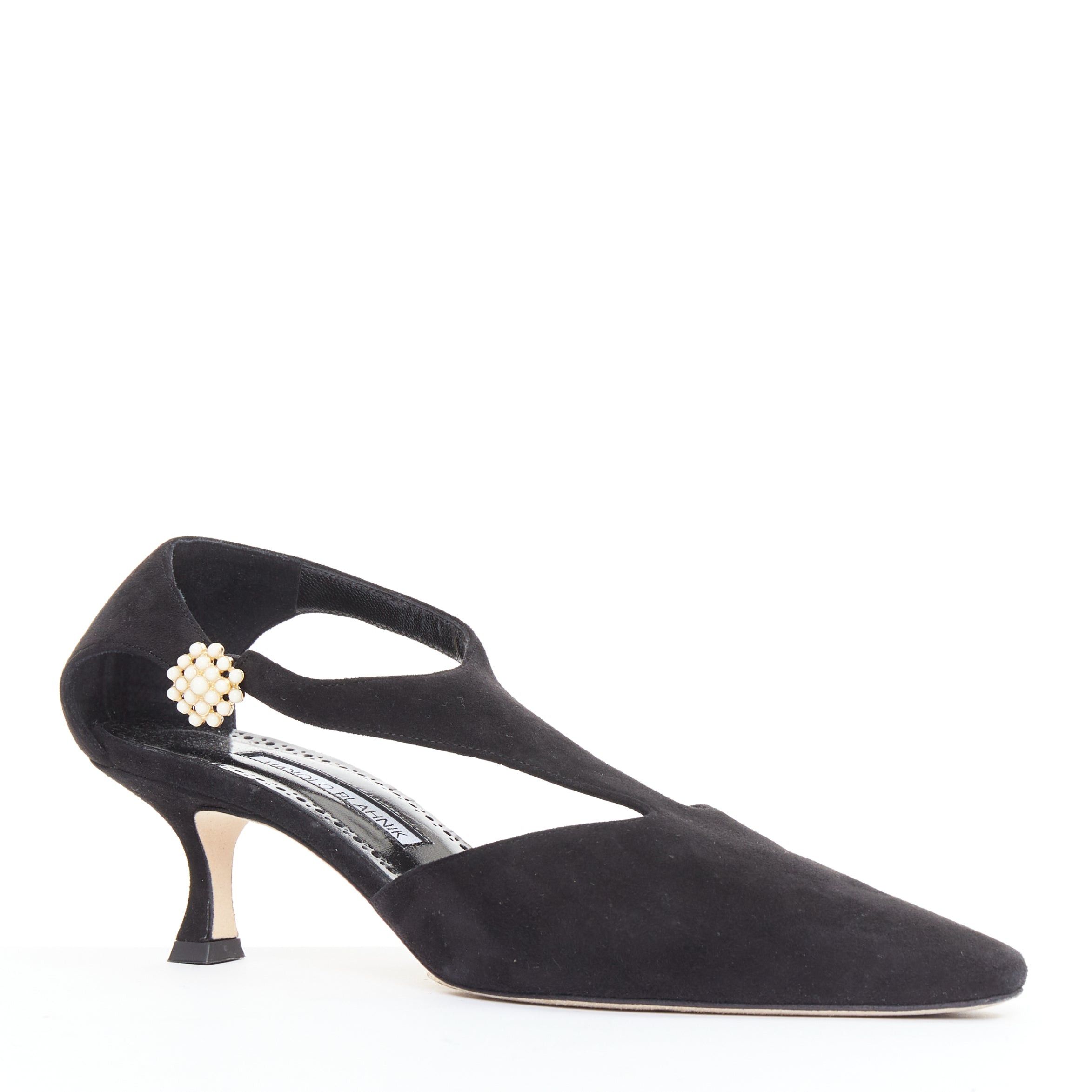 Manolo Blahnik MANOLO BLAHNIK Shufta 50 black suede pearl button kitten heels EU37 Size US 7 / IT 37 - 3 Thumbnail
