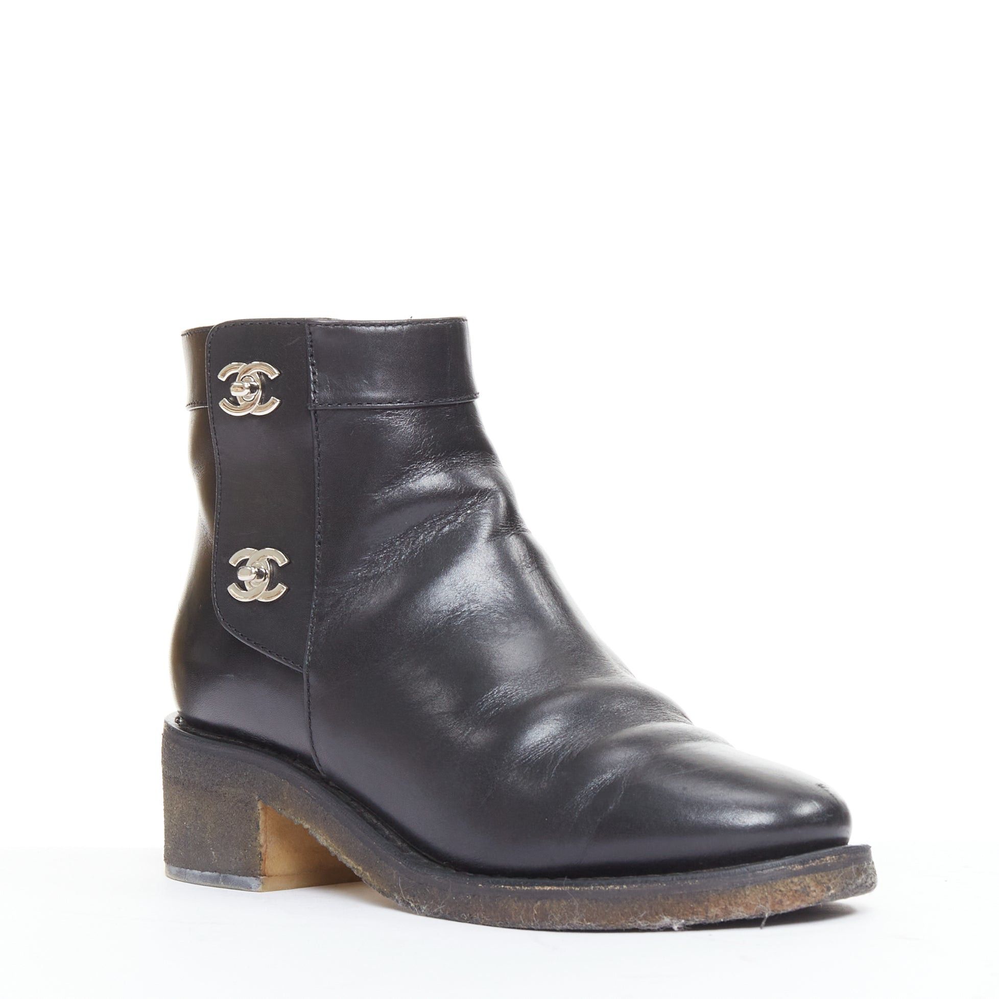 Chanel CHANEL Turnlock CC black leather silver logo crepe rubber sole ankle boots EU37 Size US 7 / IT 37 - 2 Thumbnail