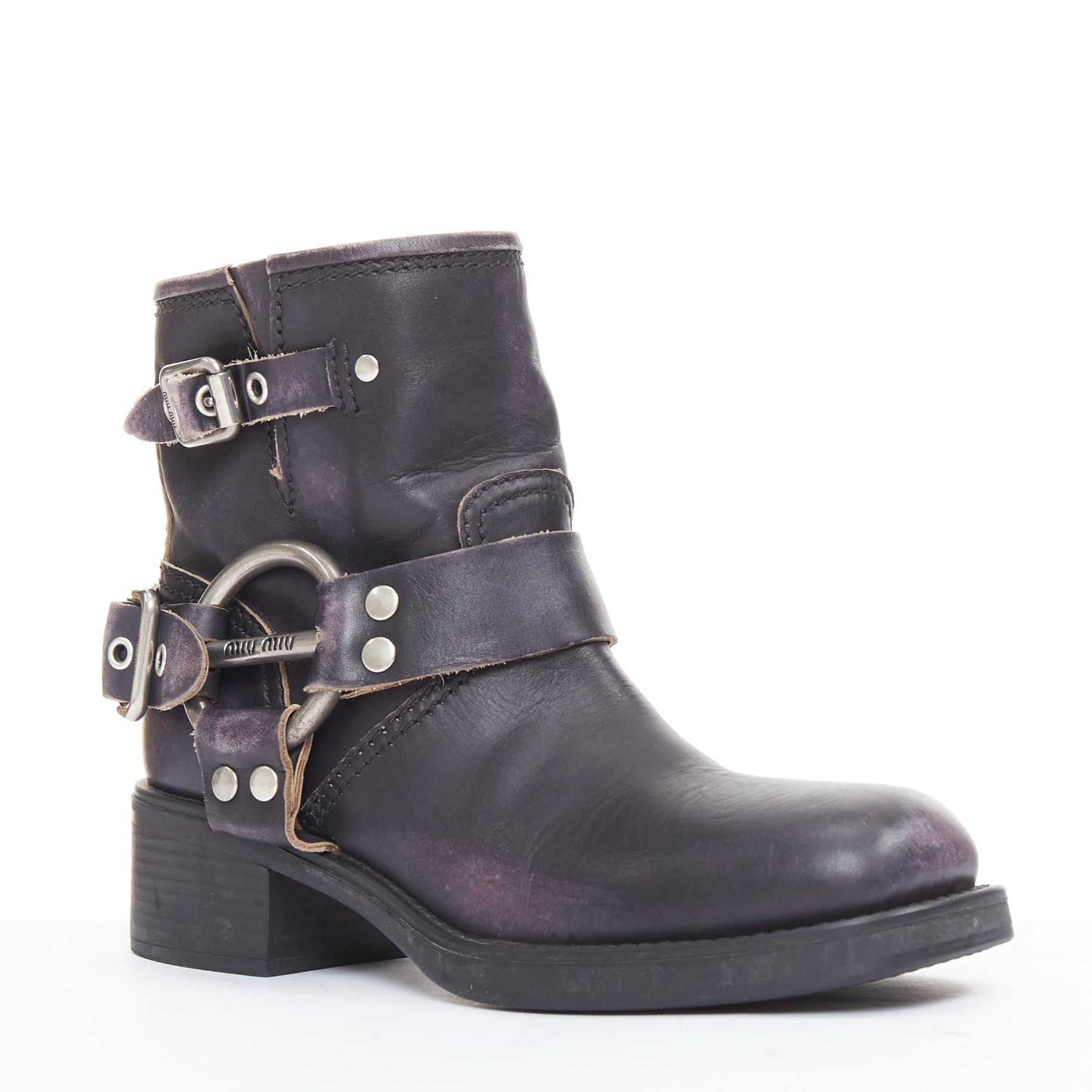 Miu Miu MIU MIU 2025 distressed washed black leather moto harness ankle boots EU36 Size US 6 / IT 36 - 2 Thumbnail