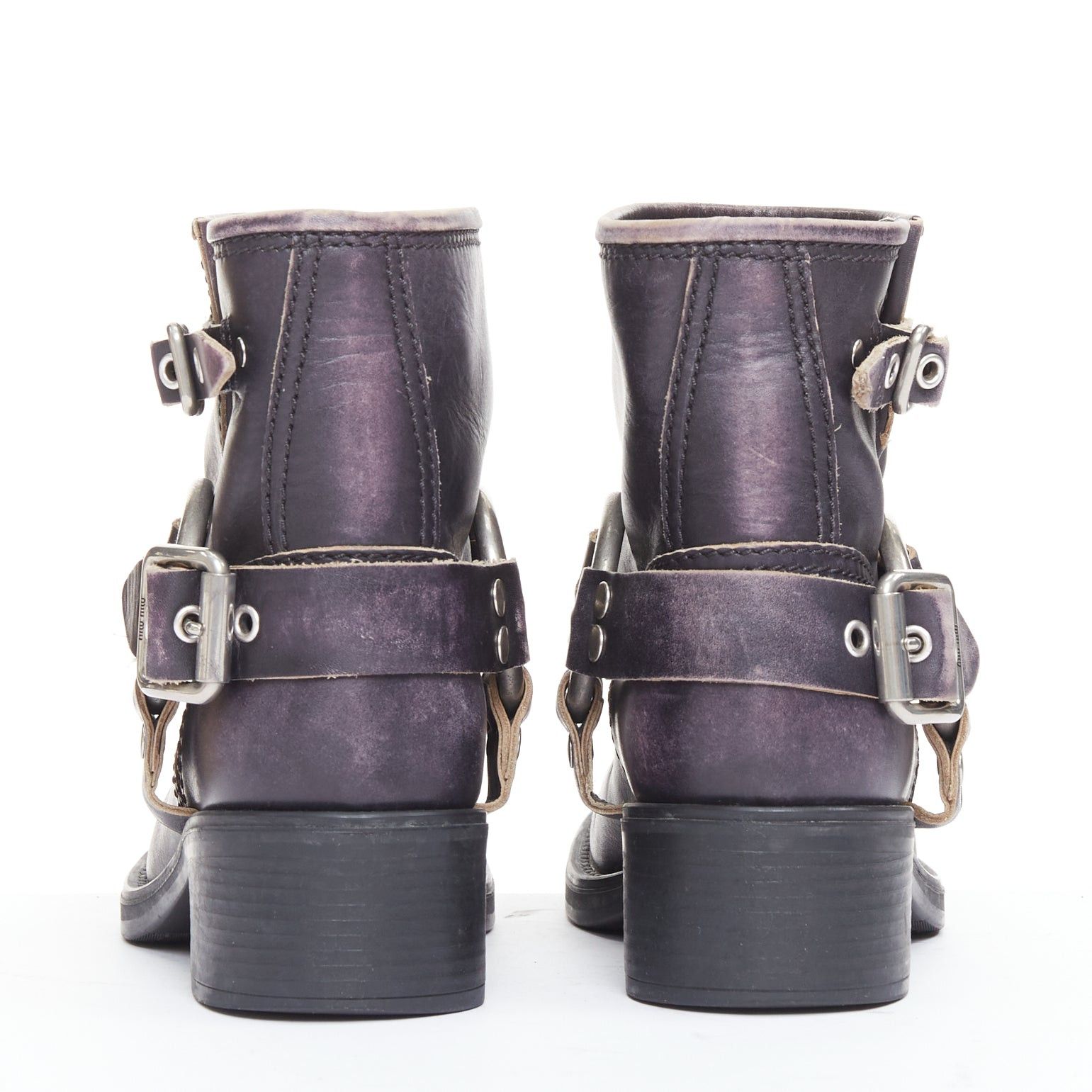 Miu Miu MIU MIU 2025 distressed washed black leather moto harness ankle boots EU36 Size US 6 / IT 36 - 5 Thumbnail