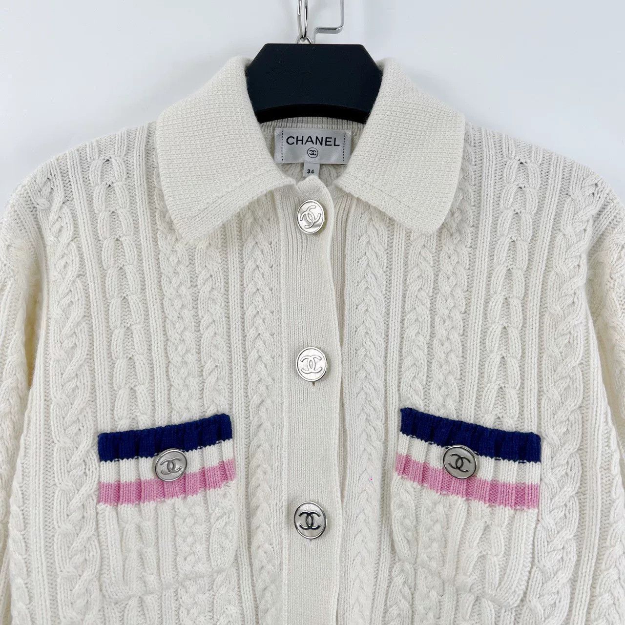 Chanel Chanel Cream Striped Enamel Button Cardigan Size US XS / EU 42 / 0 - 4 Thumbnail