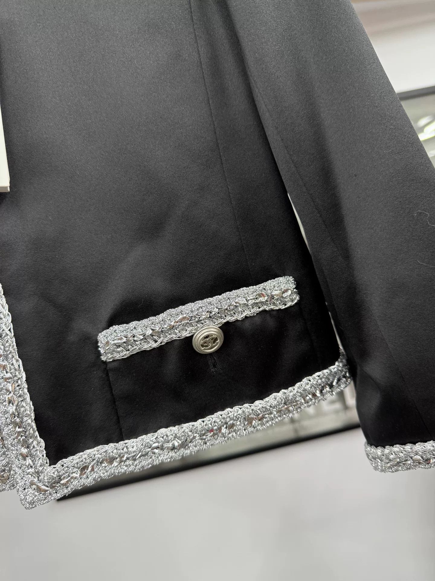 Chanel Chanel Black Silk Silver Trim Jacket Size US M / EU 48-50 / 2 - 2 Thumbnail