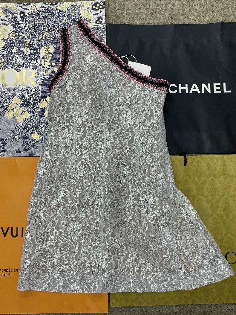 Chanel Chanel Silver Tweed Trim Lace Dress Size M / US 6-8 / IT 42-44 - 4 Thumbnail