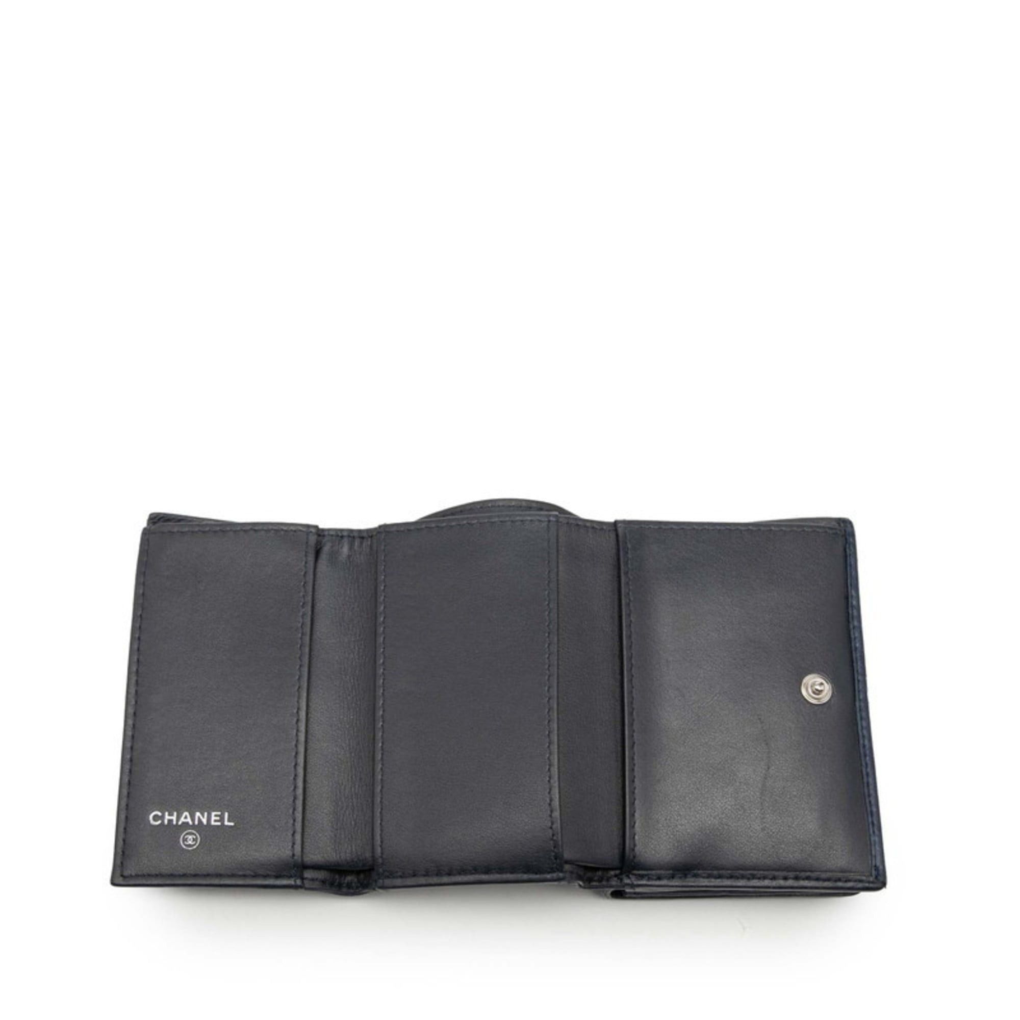 Chanel CHANEL Camellia Coco Mark Tri-fold Wallet Navy Leather Women's Size ONE SIZE - 4 Thumbnail
