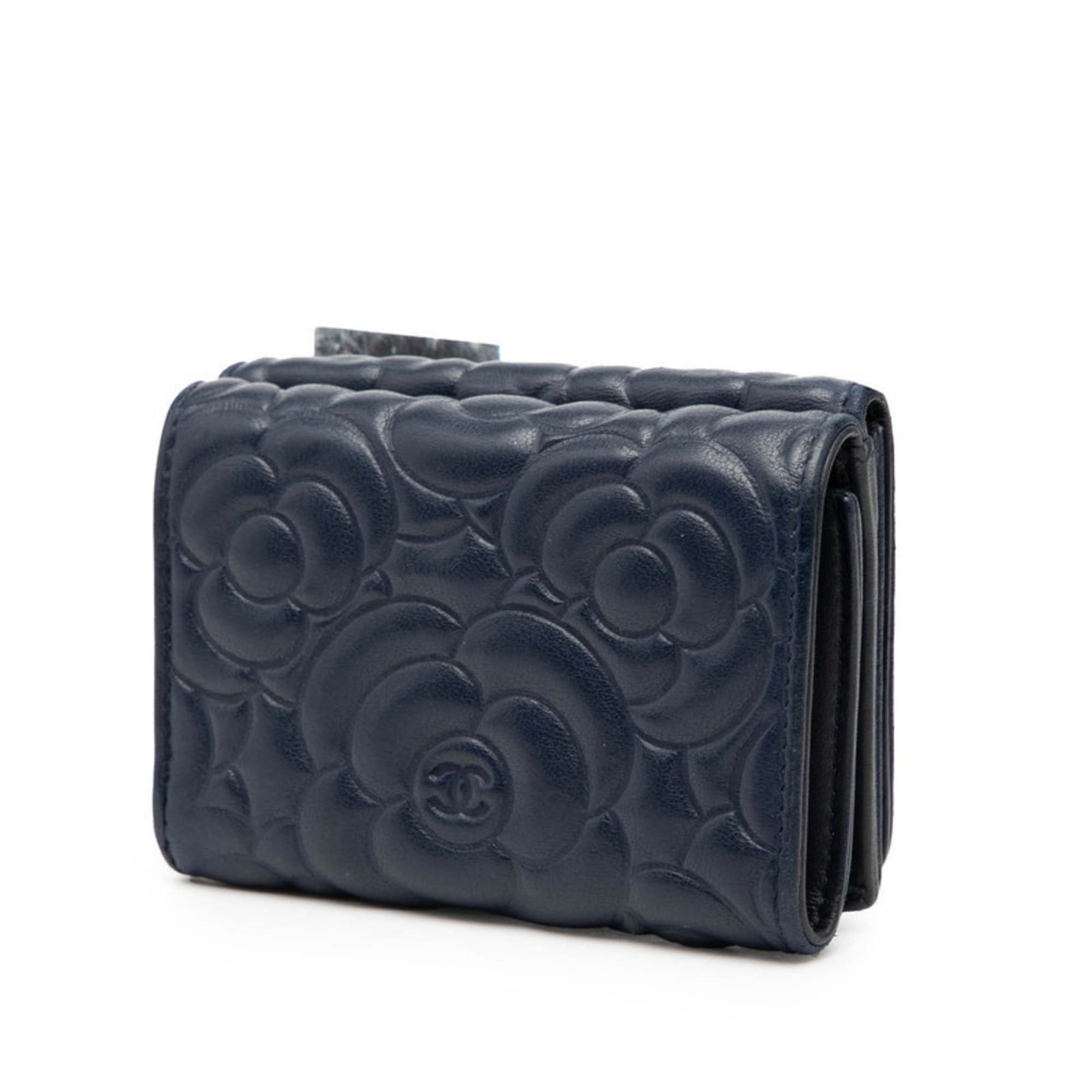 Chanel CHANEL Camellia Coco Mark Tri-fold Wallet Navy Leather Women's Size ONE SIZE - 2 Thumbnail