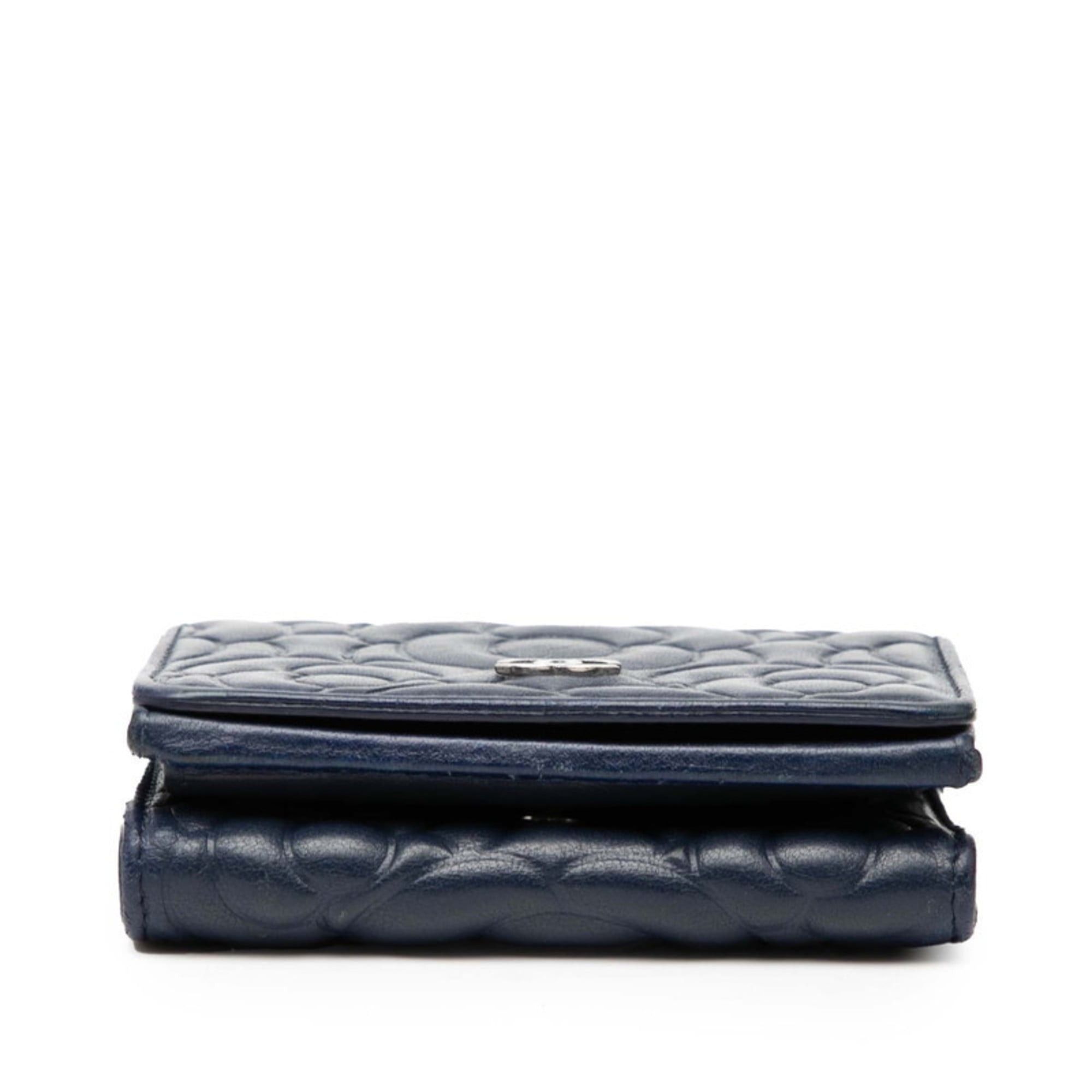 Chanel CHANEL Camellia Coco Mark Tri-fold Wallet Navy Leather Women's Size ONE SIZE - 3 Thumbnail