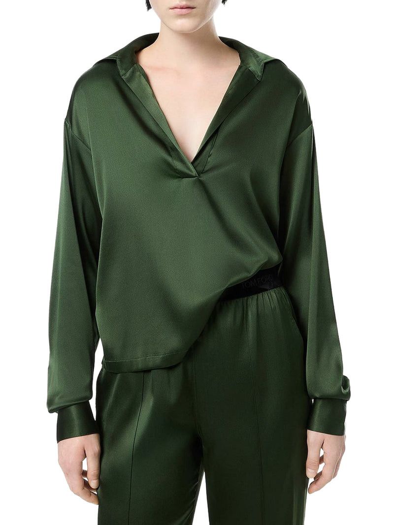 Tom Ford SILK SATIN BLOUSE WITH TF LOGO EMBROIDERED IN TONE-ON-TONE GREEN Size M / US 6-8 / IT 42-44 - 3 Thumbnail