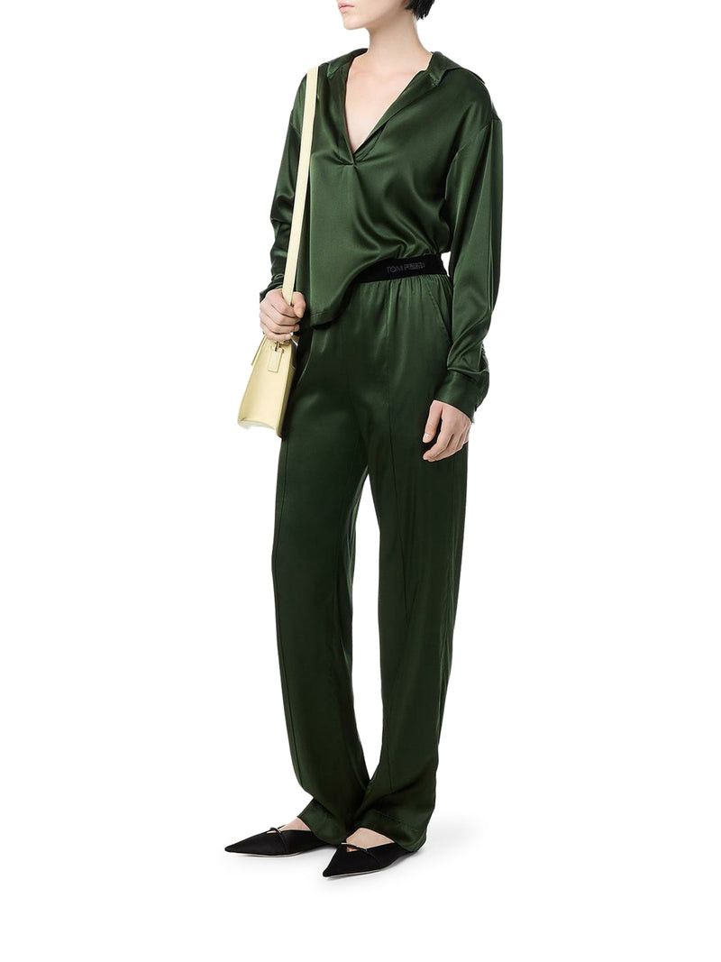 Tom Ford SILK SATIN BLOUSE WITH TF LOGO EMBROIDERED IN TONE-ON-TONE GREEN Size M / US 6-8 / IT 42-44 - 2 Thumbnail