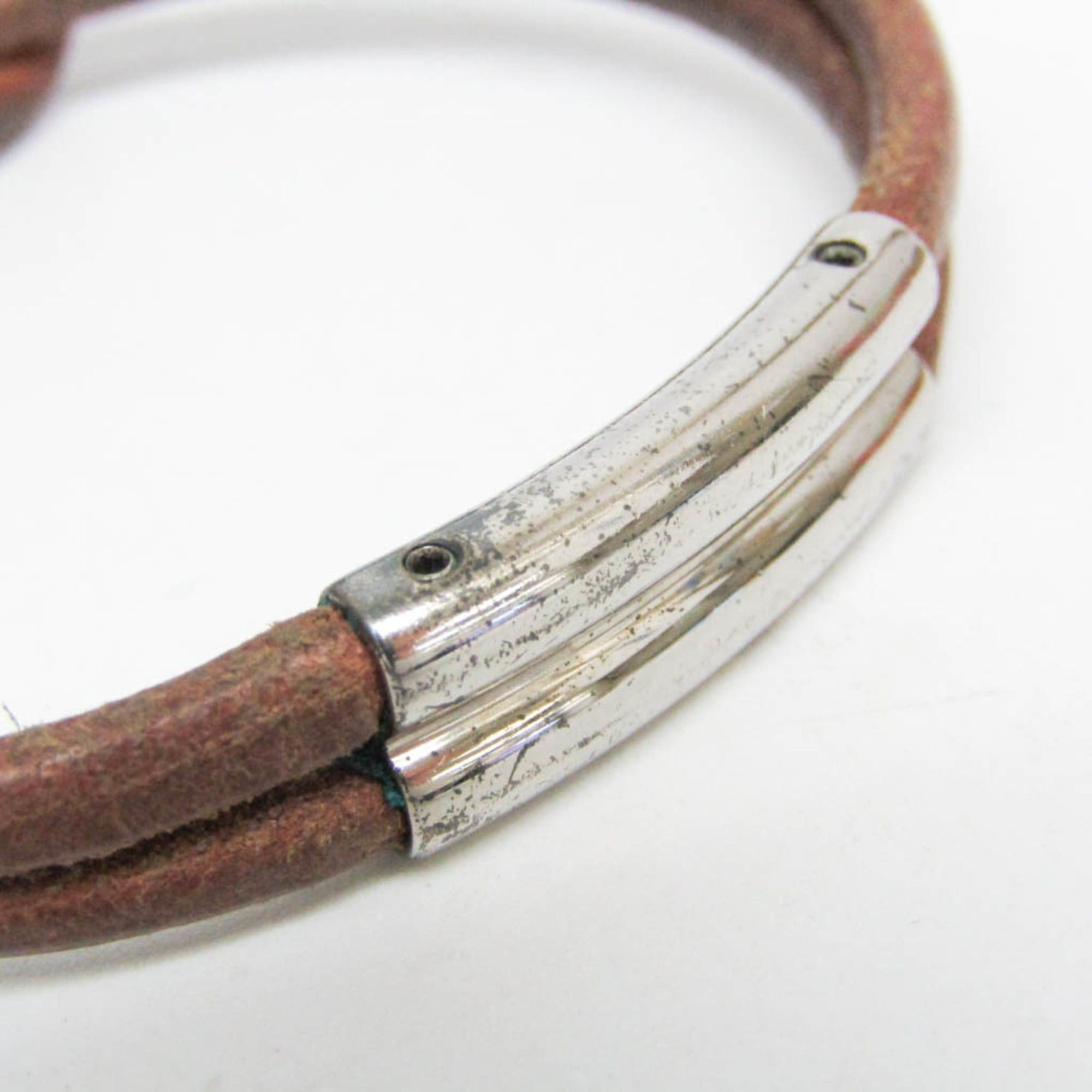 Hermes Hermes Hercule Leather,Metal Bangle Silver,Brown Size ONE SIZE - 4 Thumbnail