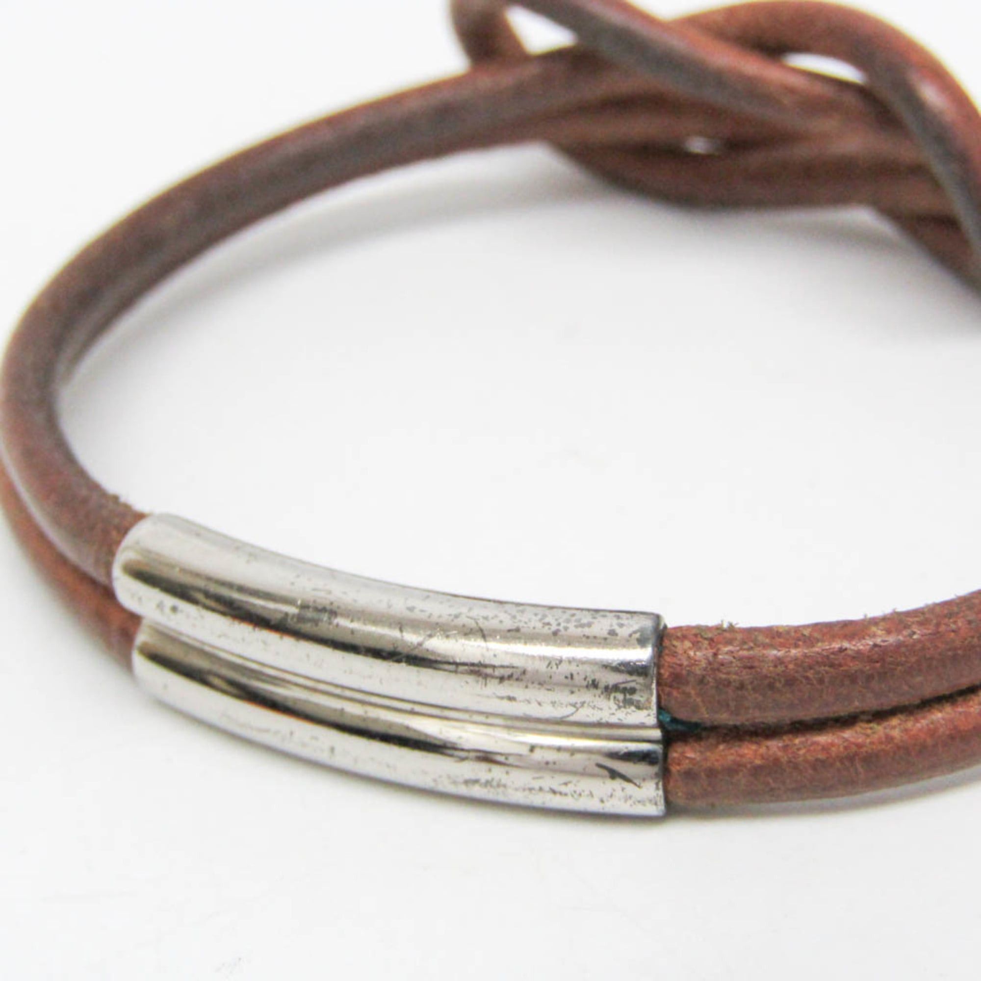 Hermes Hermes Hercule Leather,Metal Bangle Silver,Brown Size ONE SIZE - 6 Thumbnail