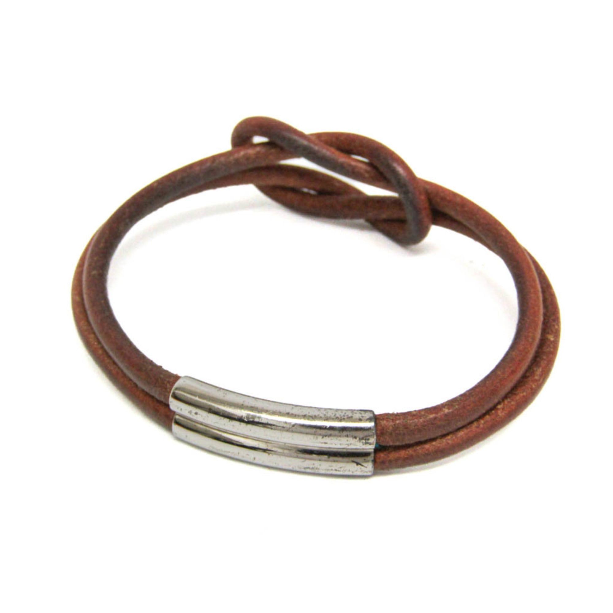Hermes Hermes Hercule Leather,Metal Bangle Silver,Brown Size ONE SIZE - 2 Thumbnail