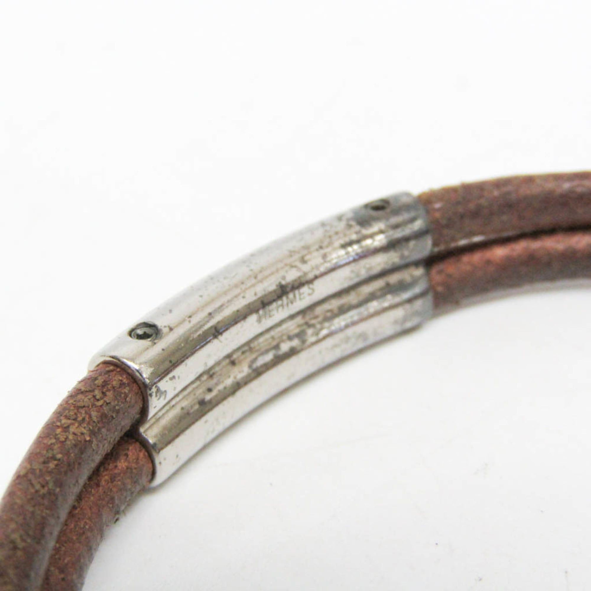 Hermes Hermes Hercule Leather,Metal Bangle Silver,Brown Size ONE SIZE - 5 Thumbnail
