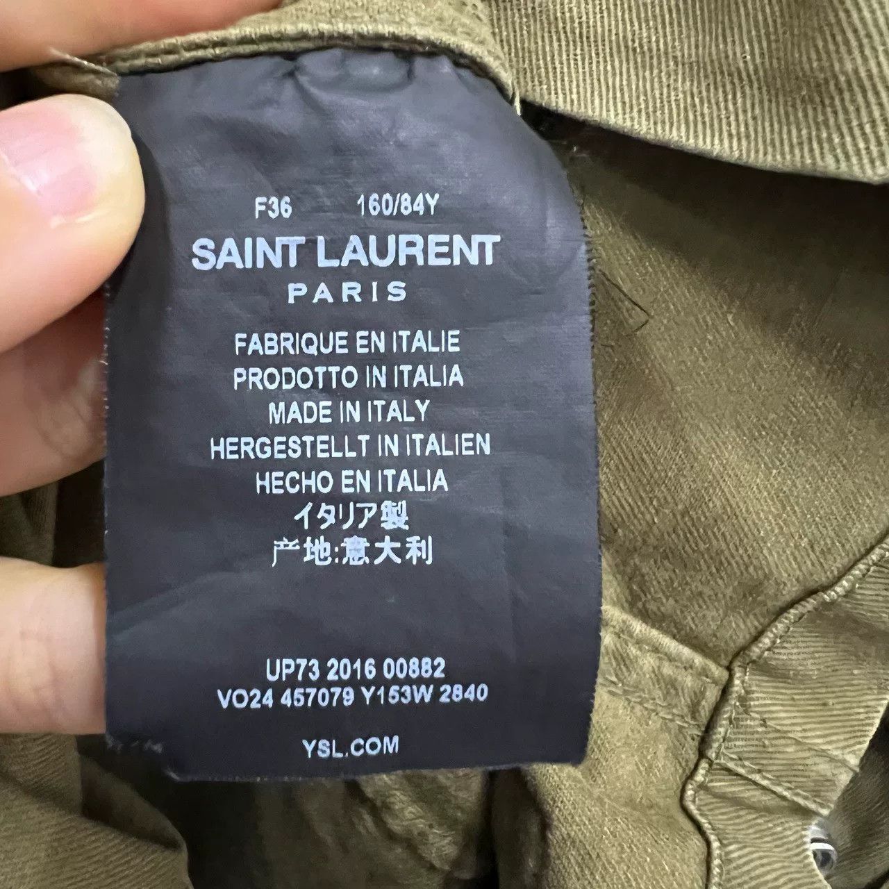 saint laurent green embroidered logo denim jacket