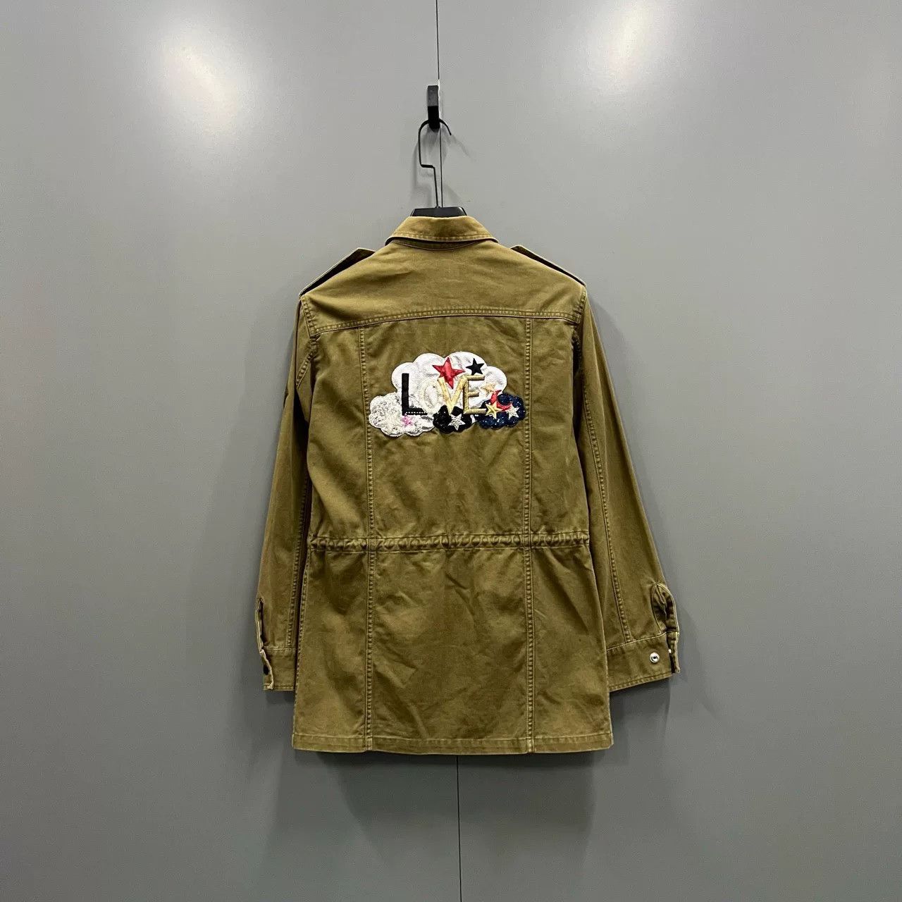 saint laurent green embroidered logo denim jacket