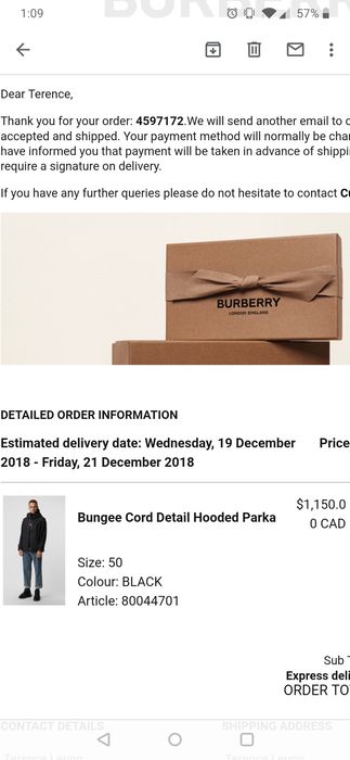 Burberry bungee cord detail hooded clearance parka