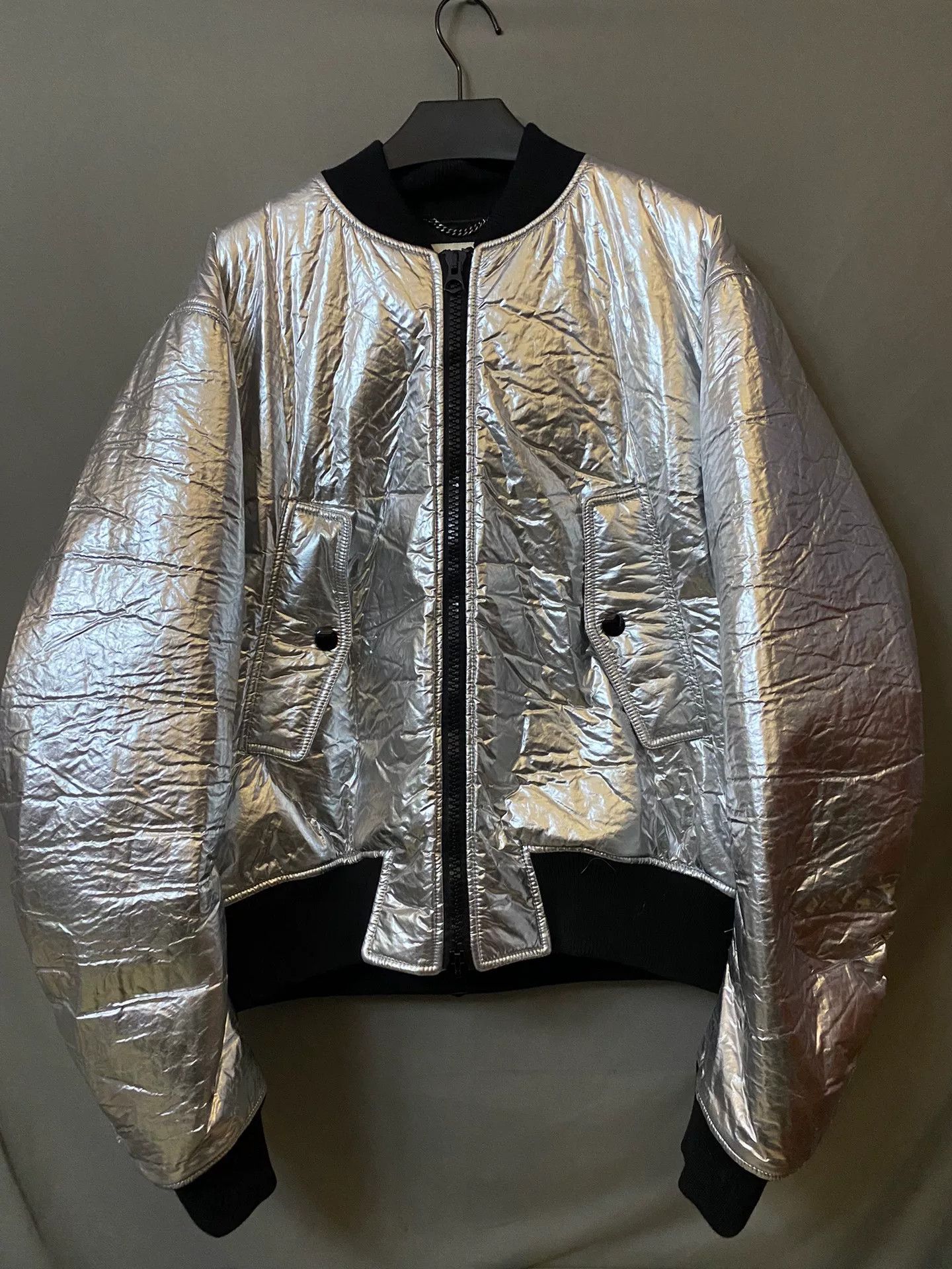 Dries Van Noten silver wrinkled bomber jacket with back zipper Size M / US 6-8 / IT 42-44 - 2 Thumbnail