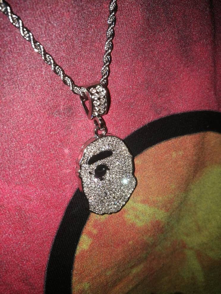 Jewelry × Vintage FREE SHIPPING - Silver Chain with Iced Out Bape Logo ...