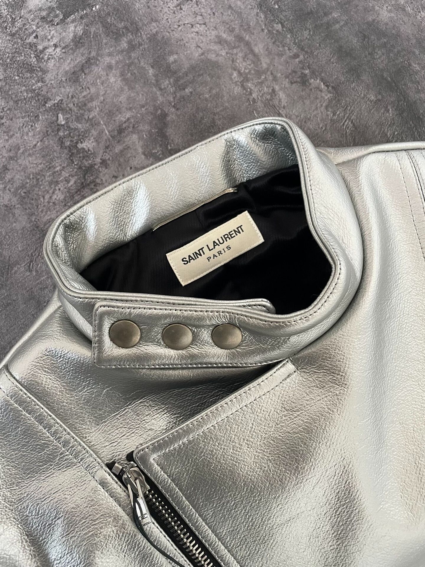 Saint Laurent Paris silver lambskin biker jacket by Saint Laurent Size US M / EU 48-50 / 2 - 2 Thumbnail
