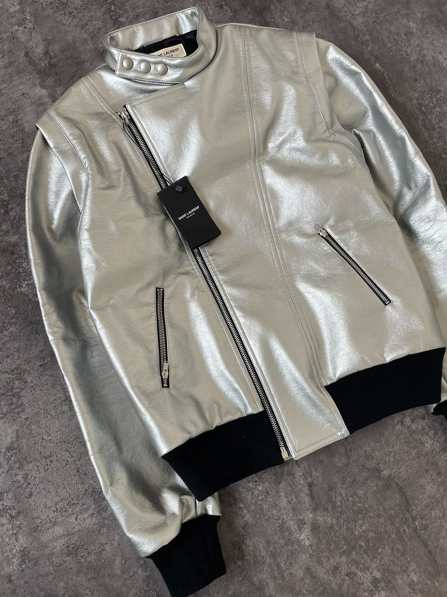 Saint Laurent Paris silver lambskin biker jacket by Saint Laurent Size US M / EU 48-50 / 2 - 3 Thumbnail