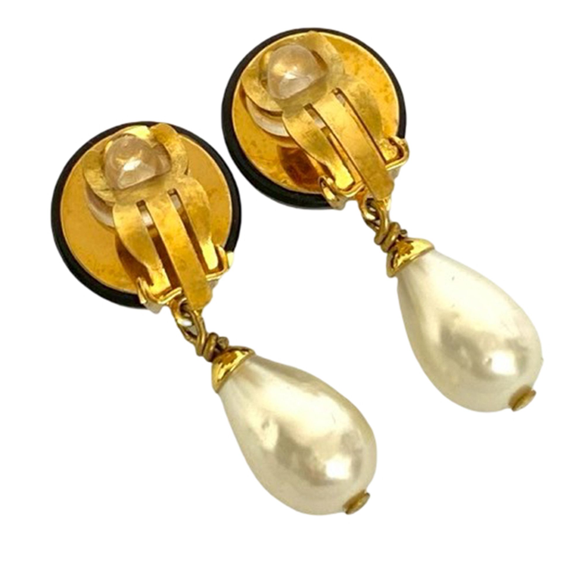 Chanel Chanel CC Gold Plated Resin and Faux Pearl Drop Clip On Earrings Size ONE SIZE - 2 Thumbnail