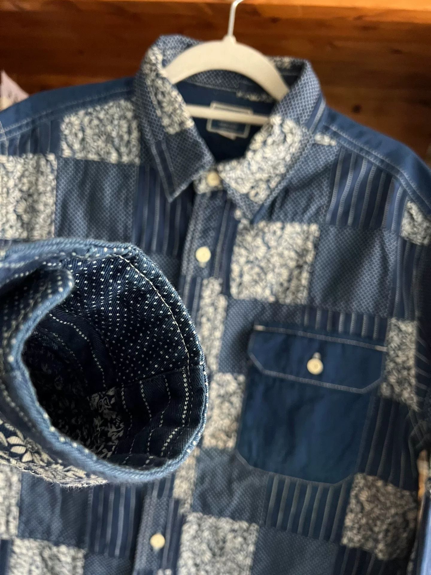 Japanese Brand blue patchwork shirt with traditional dyeing Size US L / EU 52-54 / 3 - 4 Thumbnail