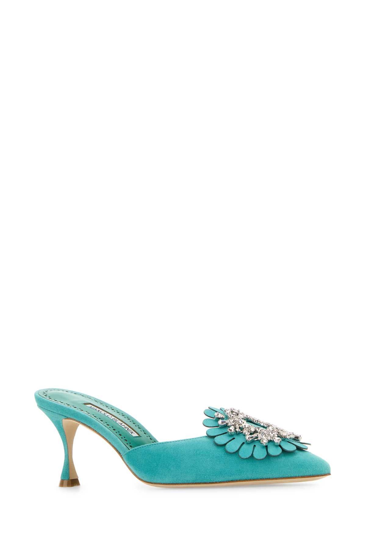 Manolo Blahnik Turquoise Suede Shogmu Mules Size US 6 / IT 36 - 2 Thumbnail