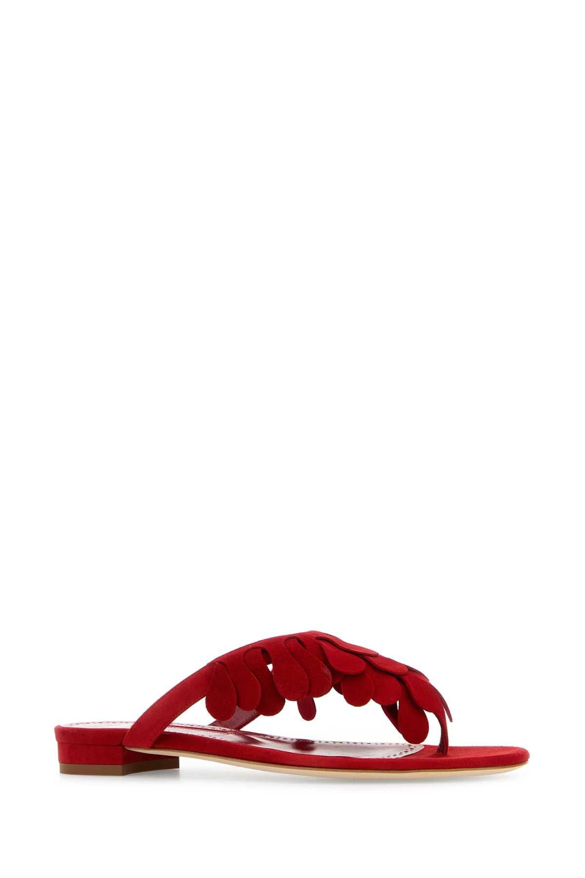 Manolo Blahnik Red Suede Tamako Thong Slippers Size US 6 / IT 36 - 2 Thumbnail