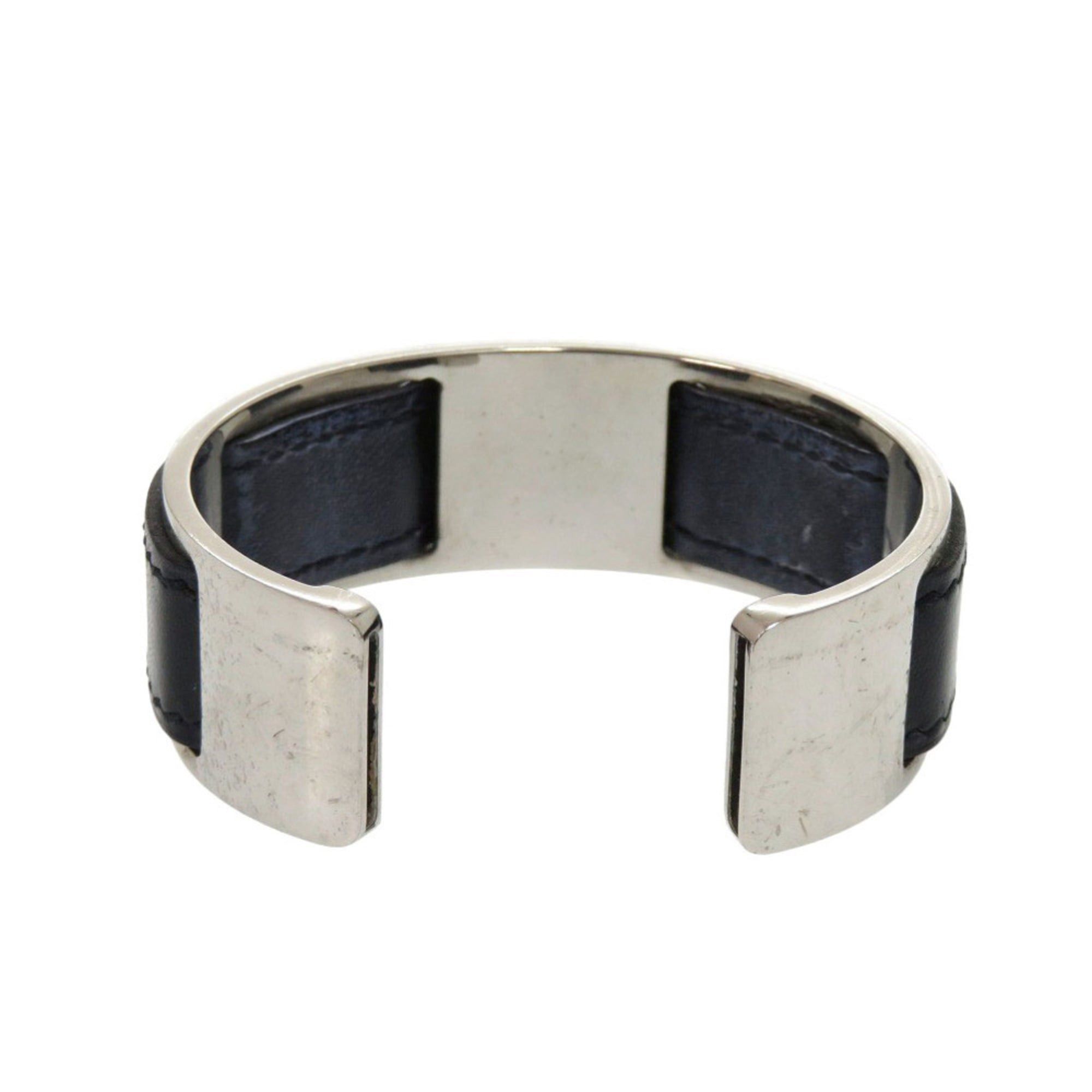 Hermes Hermes Bangle Leather Metal Silver Black Bracelet 0128 Size ONE SIZE - 3 Thumbnail
