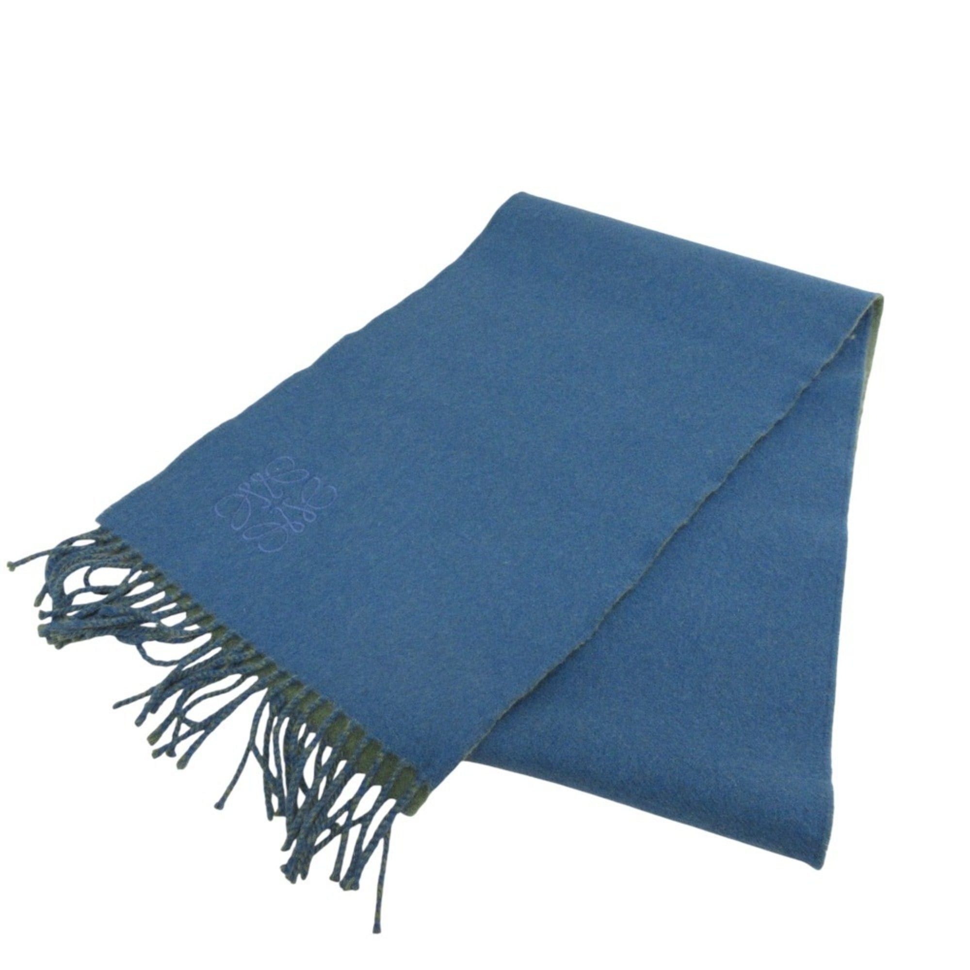 Loewe LOEWE Anagram Embroidered Cashmere Blend Fringe Two-Tone Scarf Khaki Blue Women's Size ONE SIZE - 5 Thumbnail