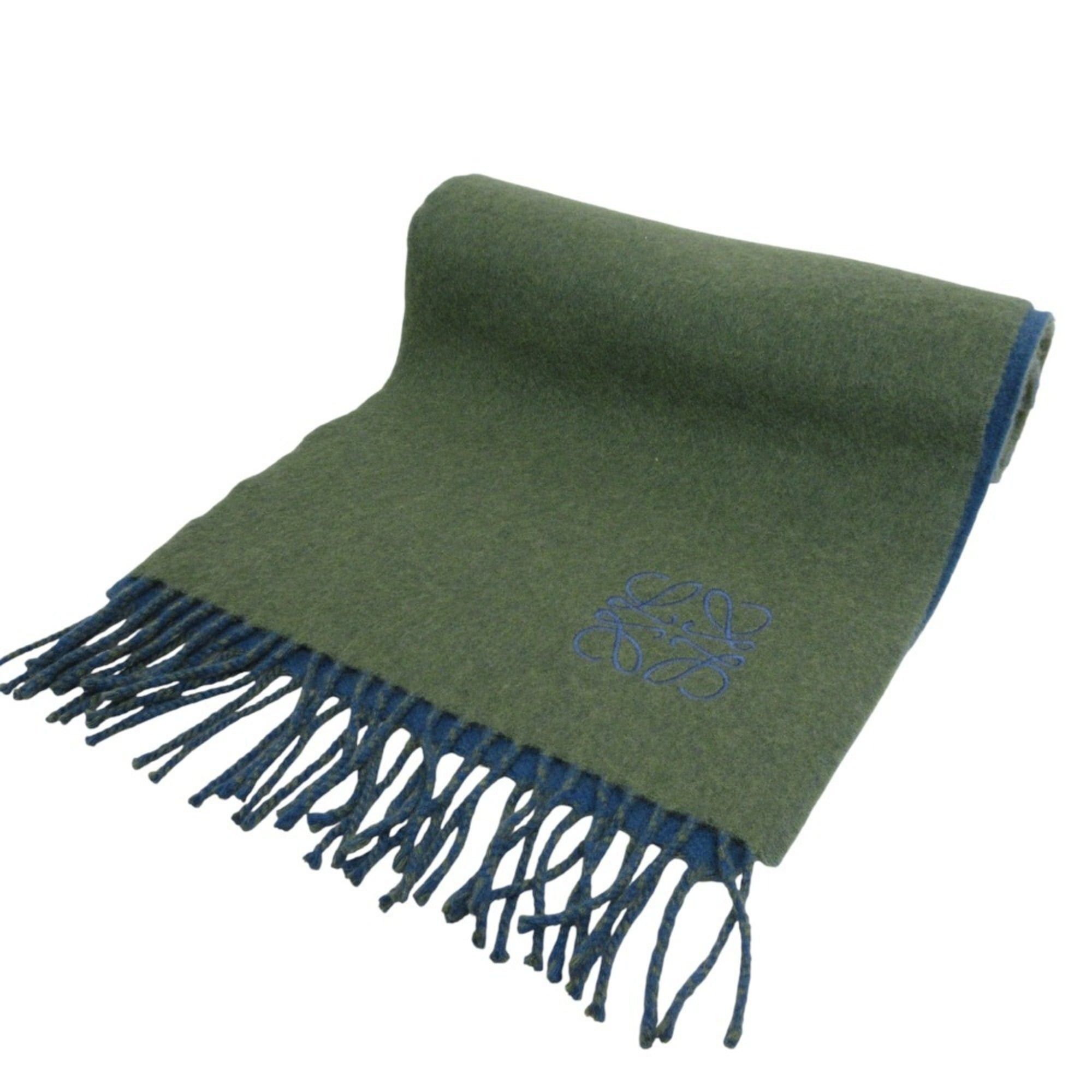 Loewe LOEWE Anagram Embroidered Cashmere Blend Fringe Two-Tone Scarf Khaki Blue Women's Size ONE SIZE - 3 Thumbnail