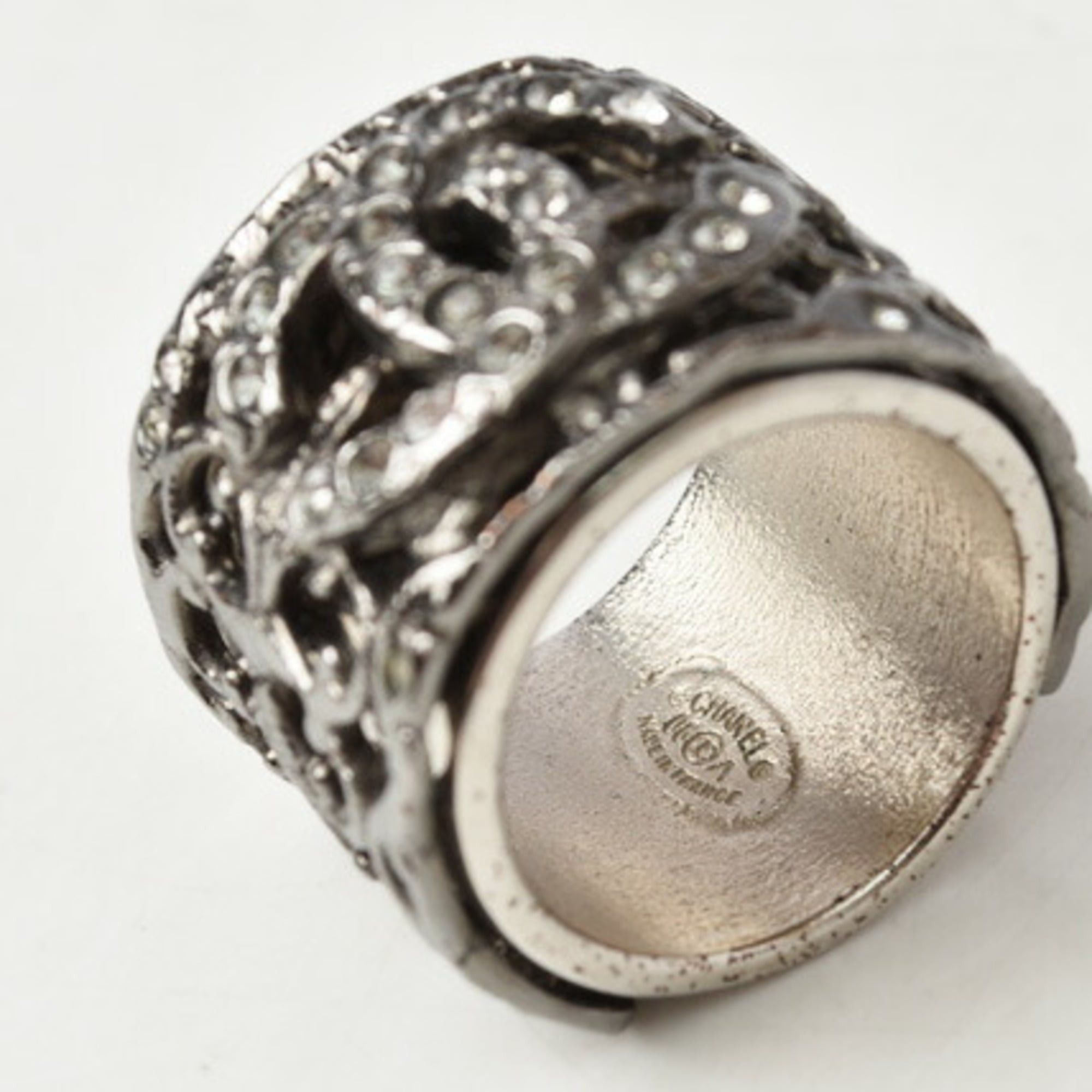 Chanel CHANEL Coco Mark Rhinestone and Pearl Gunmetal Ring, Size 13 Size ONE SIZE - 5 Thumbnail