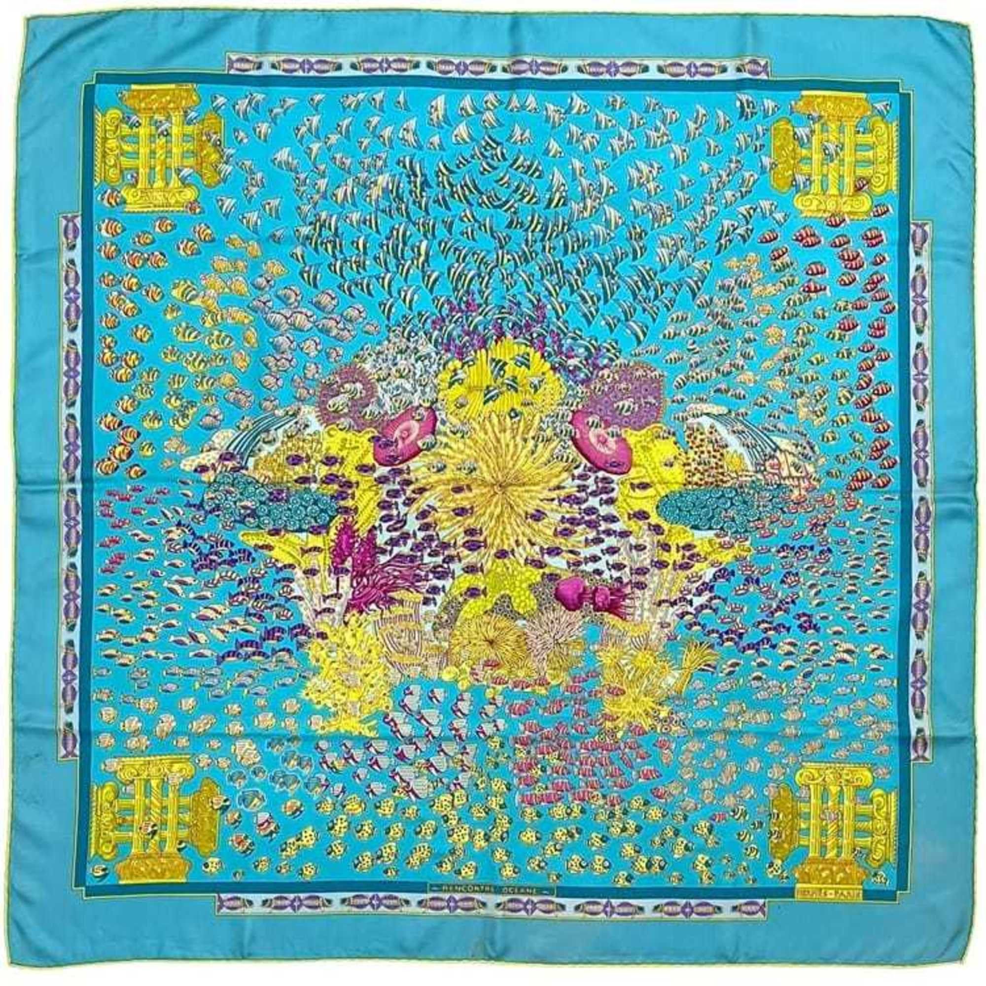 Hermes Hermès Carré 90 Scarf (ec-24760) Light Blue, Silk, 100% HERMES RENCONTRE OCEANE, Large Fish Design, Men's/Women's Size ONE SIZE - 2 Thumbnail