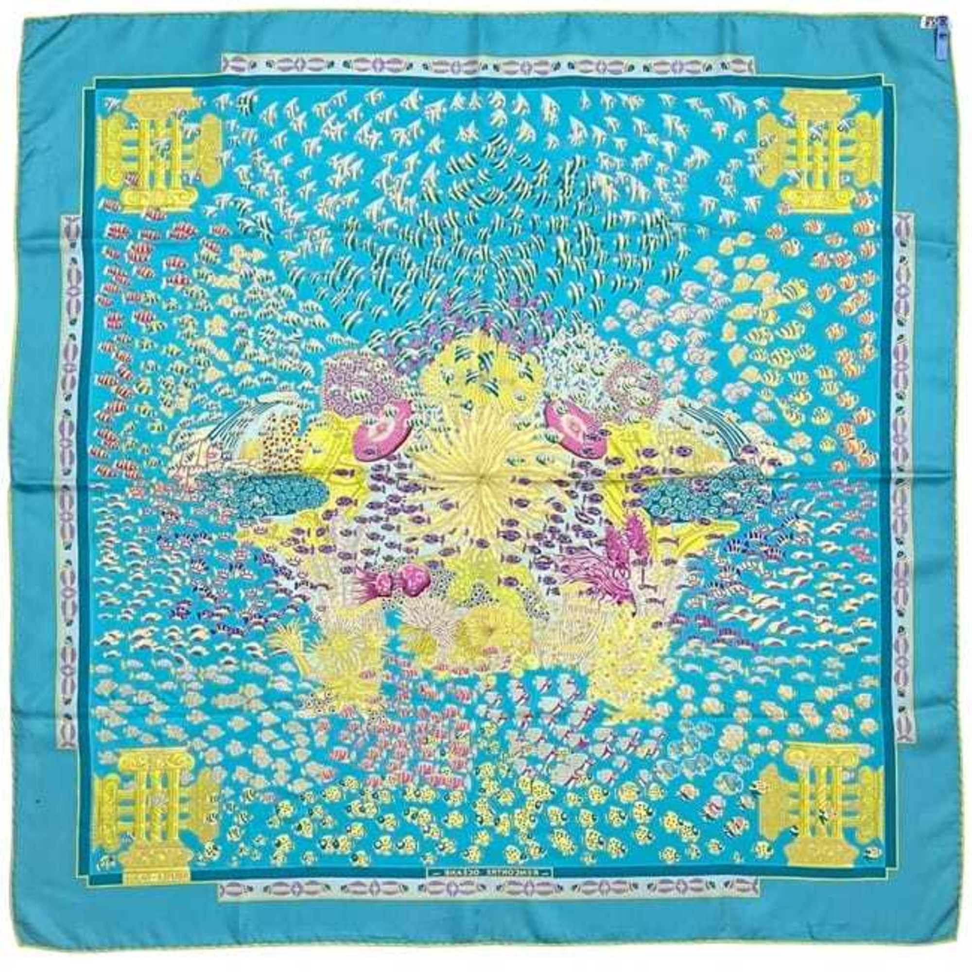 Hermes Hermès Carré 90 Scarf (ec-24760) Light Blue, Silk, 100% HERMES RENCONTRE OCEANE, Large Fish Design, Men's/Women's Size ONE SIZE - 3 Thumbnail
