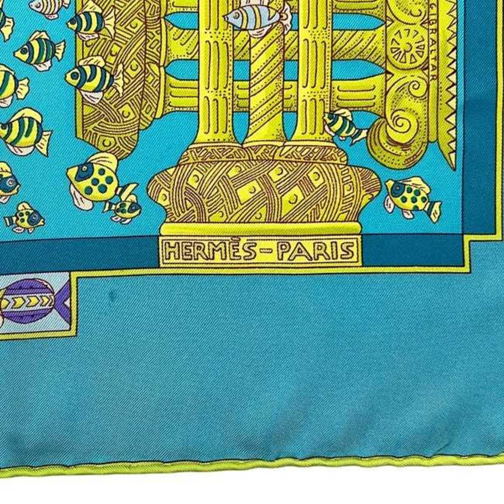 Hermes Hermès Carré 90 Scarf (ec-24760) Light Blue, Silk, 100% HERMES RENCONTRE OCEANE, Large Fish Design, Men's/Women's Size ONE SIZE - 5 Thumbnail