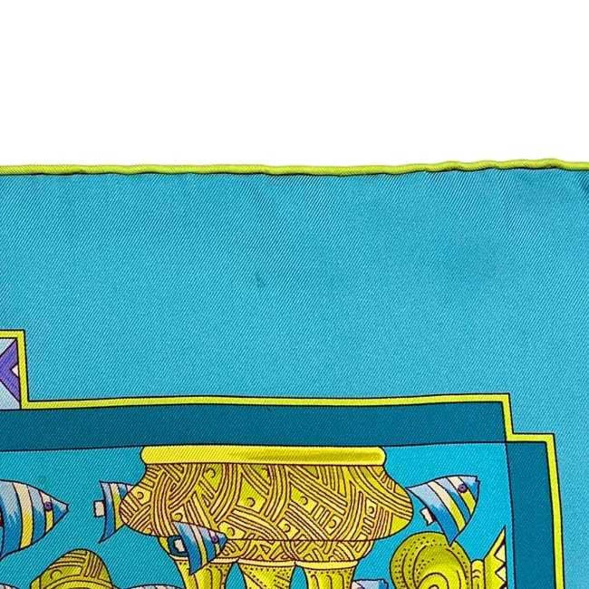 Hermes Hermès Carré 90 Scarf (ec-24760) Light Blue, Silk, 100% HERMES RENCONTRE OCEANE, Large Fish Design, Men's/Women's Size ONE SIZE - 7 Thumbnail
