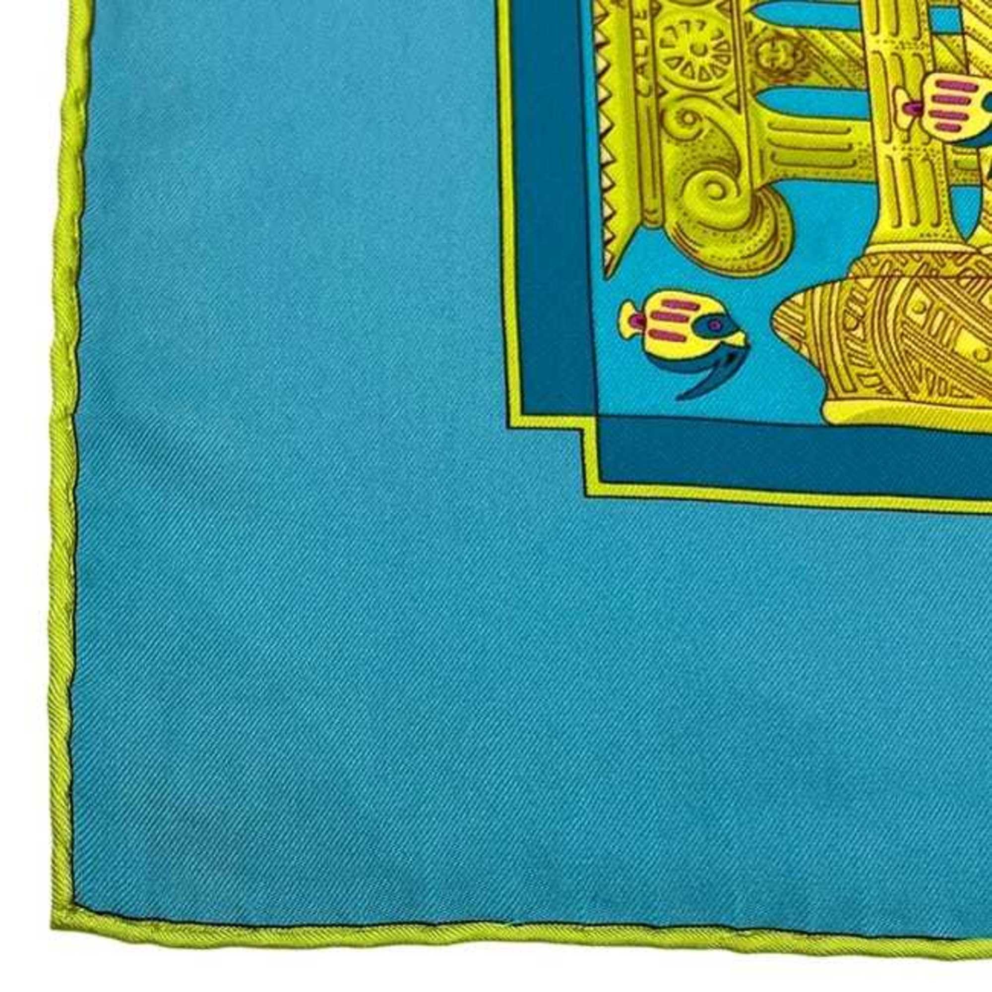 Hermes Hermès Carré 90 Scarf (ec-24760) Light Blue, Silk, 100% HERMES RENCONTRE OCEANE, Large Fish Design, Men's/Women's Size ONE SIZE - 10 Thumbnail